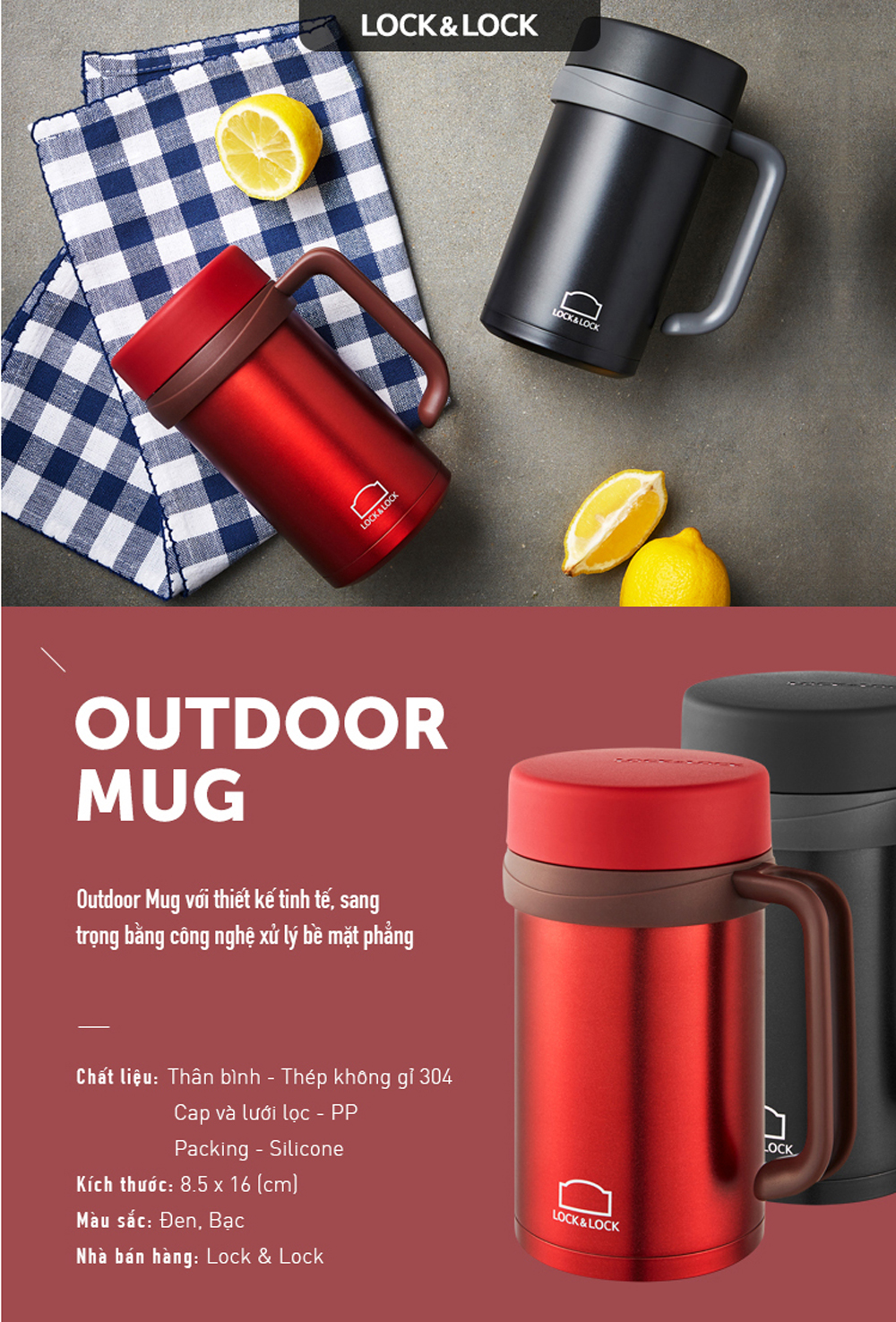 Ca Giữ Nhiệt Bằng Thép Không Gỉ Lock&Lock New Basic Table LHC4026 500ml - Hàng Chính Hãng Tặng Combo Ống Hút + Cọ Rửa