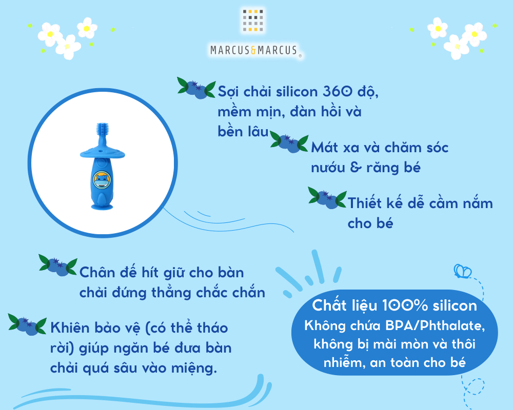 Bàn chải tập đánh răng và mát xa nướu silicon 360 cho bé Marcus & Marcus, từ 12 tháng