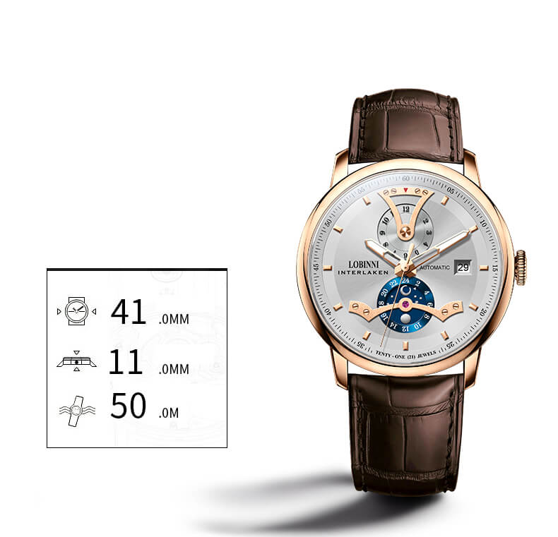 Đồng hồ nam chính hãng LOBINNI L18018-1,Kính sapphire nguyên khối ,chống xước,chống nước 50m,mặt trắng vỏ vàng hồng dây da nâu xịn, thép không gỉ 316L,Đồng hồ cơ (Automatic) bảo hành 24 tháng, hàng mới 100%,thiết kế đơn giản trẻ trung và sang trọng