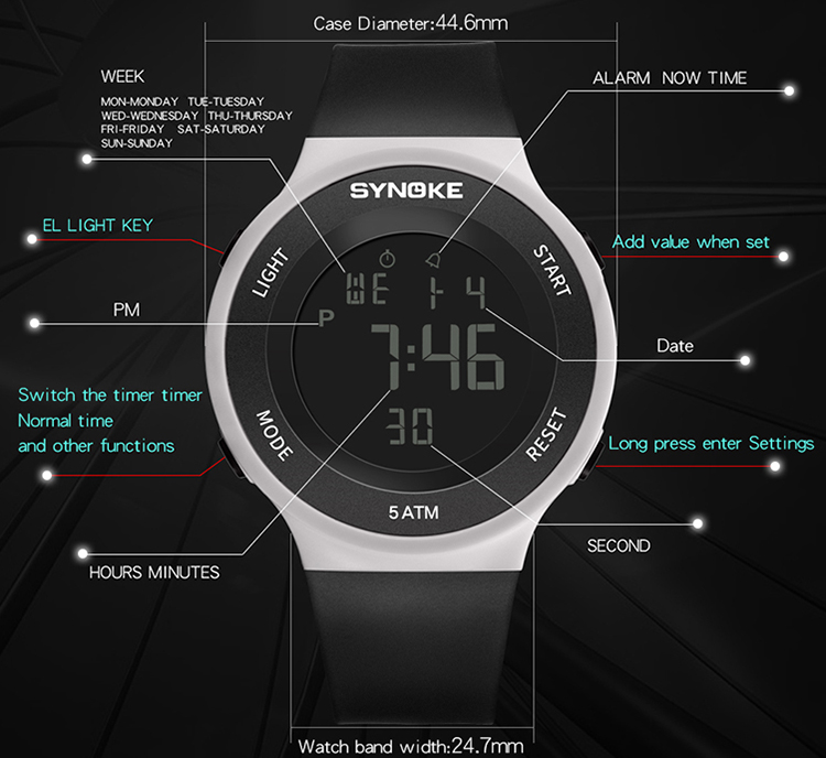 SYNOKE 9199 Sport Watch LED Digital Watch Alarm Luminous Second Timing Waterproof Sport Band