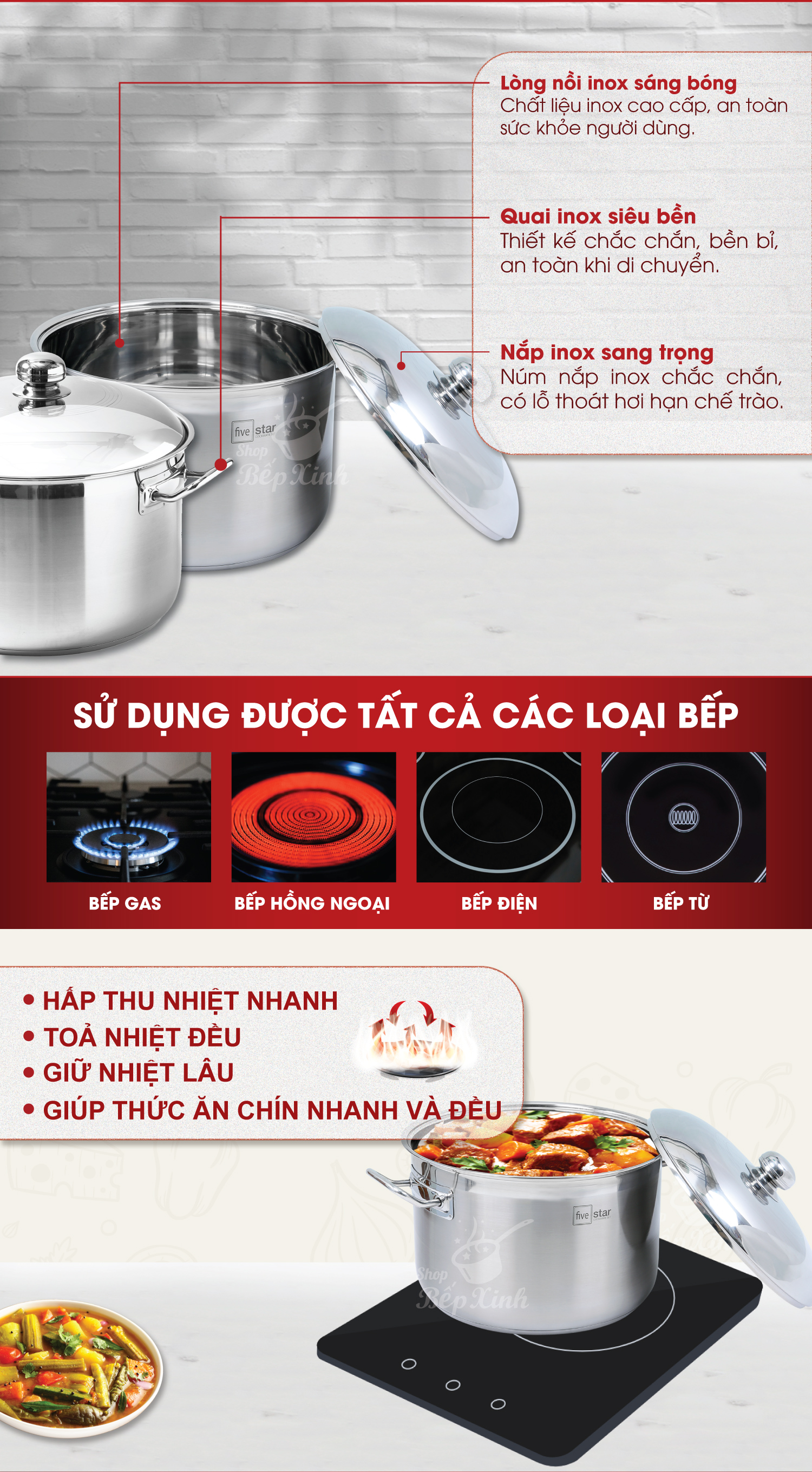 Nồi Luộc Gà Inox 430 3 Đáy Nắp Inox Fivestar - Bạc