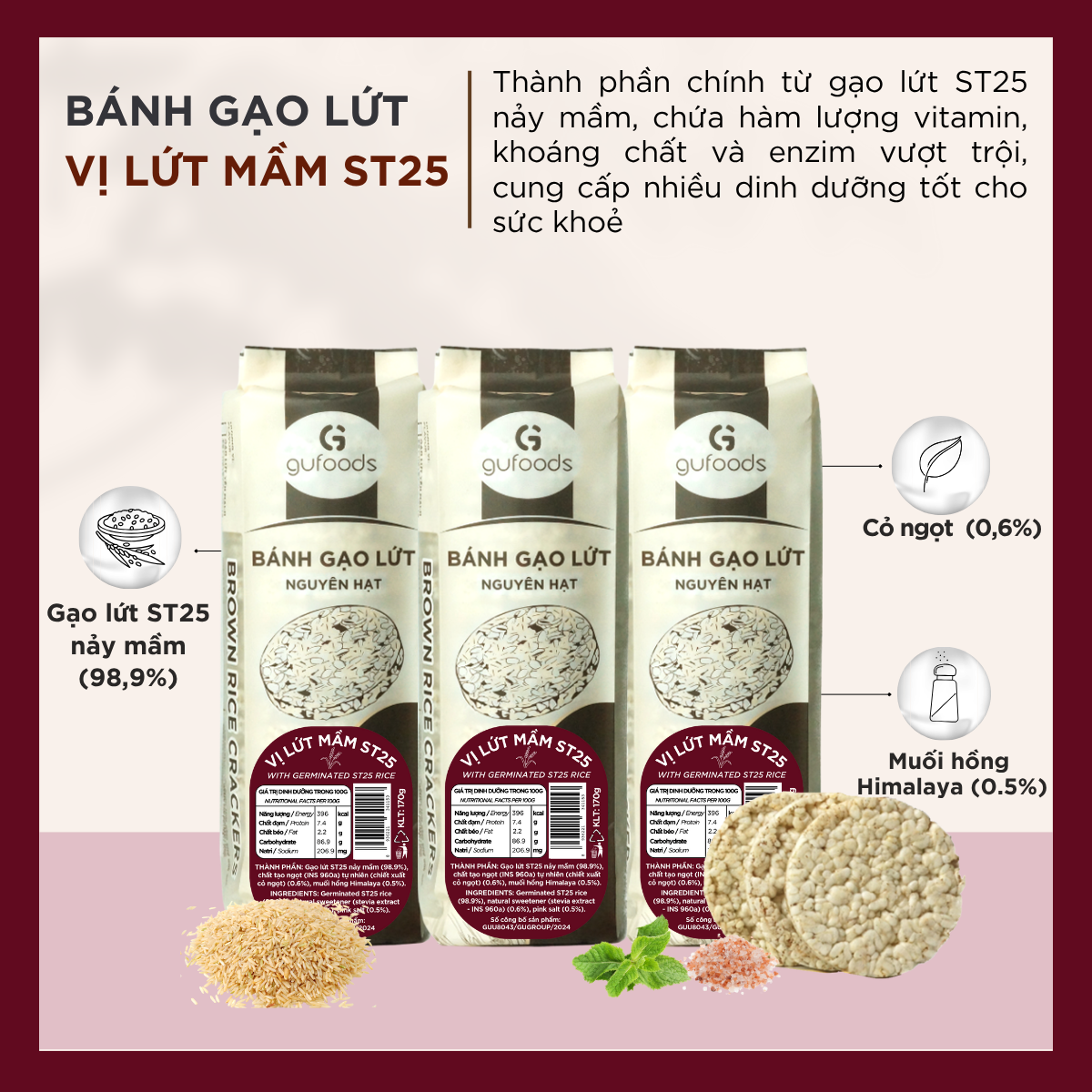 Bánh gạo lứt GUfoods (510g) - Không chiên dầu, Không đường, Từ gạo và ngũ cốc nguyên hạt, Lành mạnh, Phù hợp Eat clean, Ăn vặt healthy, Thực dưỡng, Tập gym, Thuần chay, Đa dạng hương vị