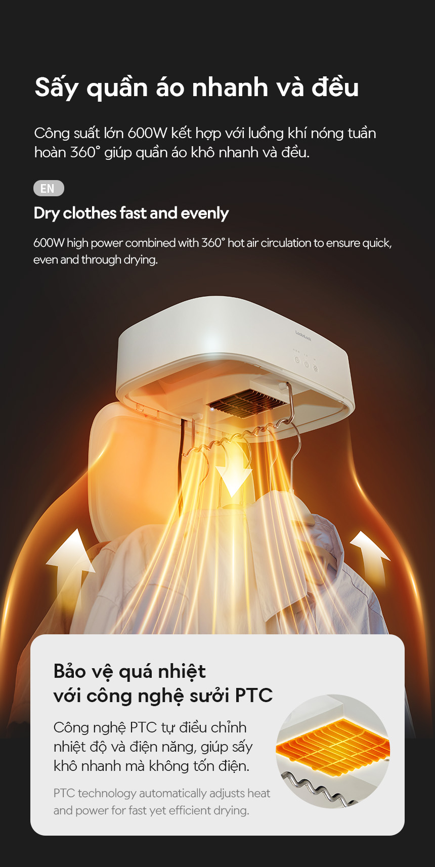 Máy Sấy Khử Khuẩn Quần Áo LocknLock Cloth Sterilizer Dryer END112IVY 600W, Hàng Chính Hãng - JoyMall