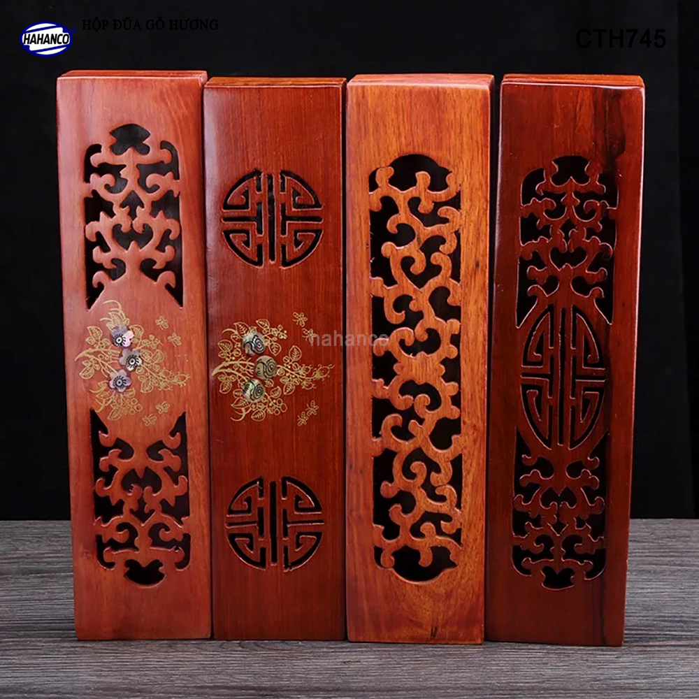 Hộp đựng đũa gỗ hương đỏ - đục khắc tinh tế (CTH745) Sang trọng - Đựng đũa sang trọng làm quà tặng
