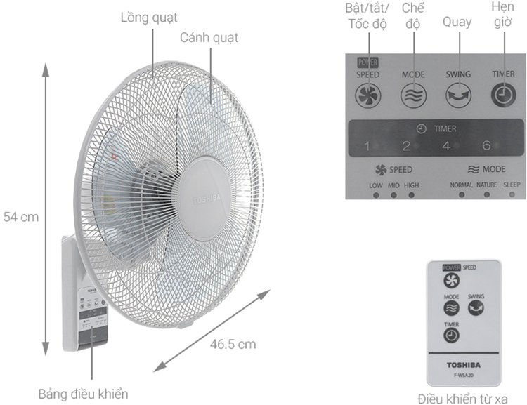 Quạt Treo Tường Toshiba F-WSA20(H)VN - Xám - Hàng chính hãng