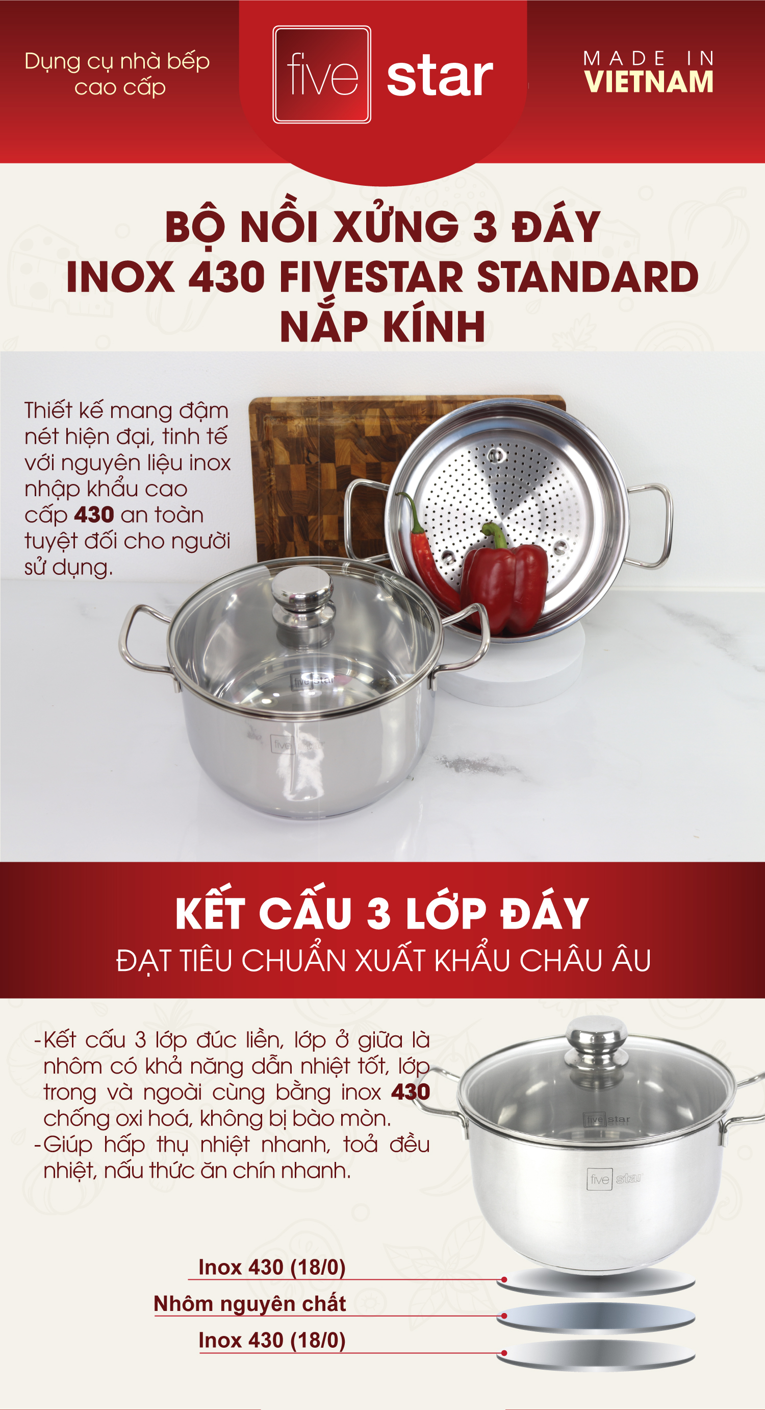 Bộ Nồi Xửng 3 Đáy Nắp Kính Fivestar ST-3DG - Hàng Chính Hãng