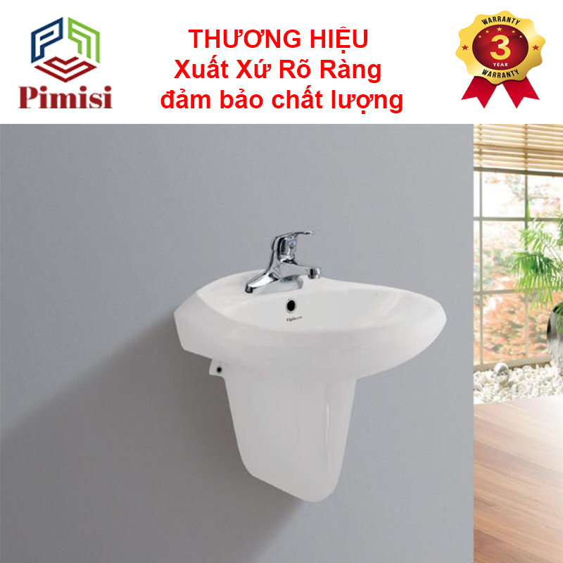 Vòi lavabo nóng lạnh Pimisi cho chậu rửa mặt 3 lỗ (2 chân) bằng đồng thau - mạ crom, niken sáng bóng dùng trong nhà tắm - điều chỉnh nước bằng gật gù nóng lạnh gắn trên bồn chậu rửa mặt treo tường đầy đủ phụ kiện xi phông và dây cấp nước | Hàng chính hãng