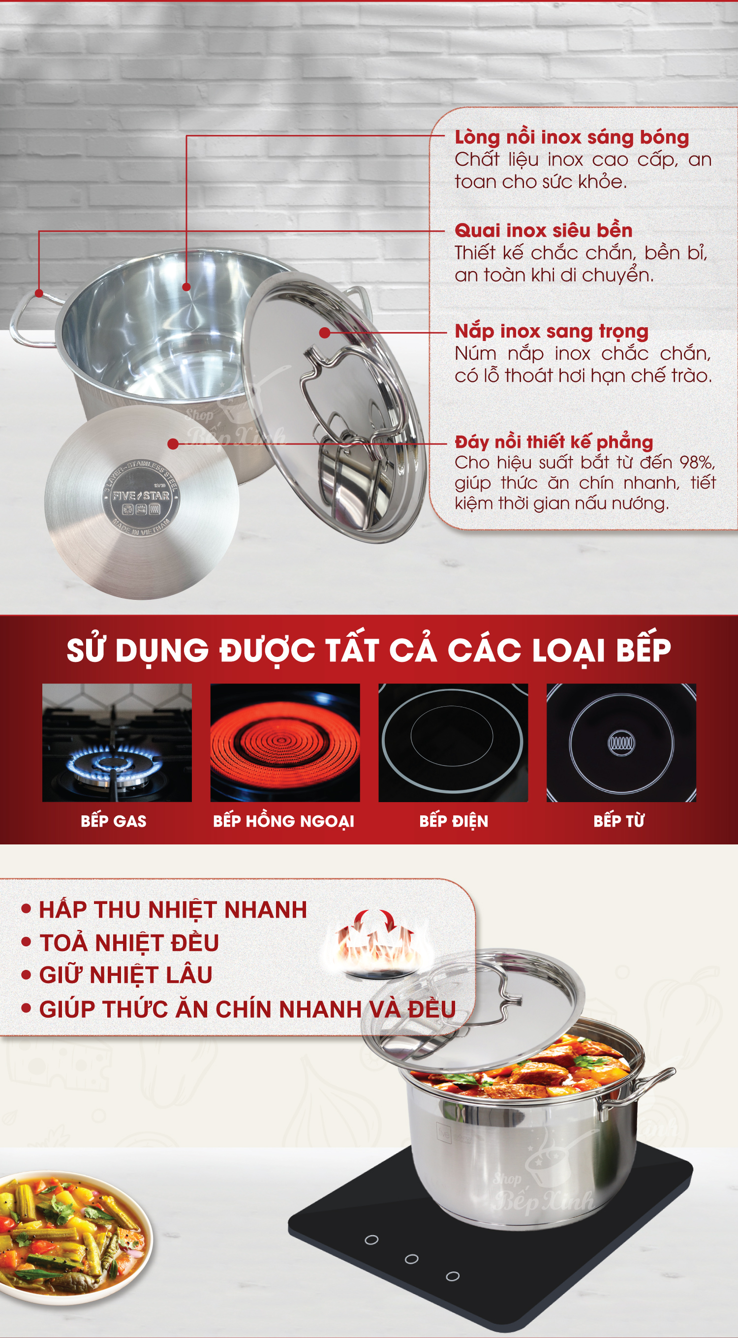 Nồi Inox 3 đáy inox 430  Fivestar bếp từ nắp inox tặng 2 vá canh