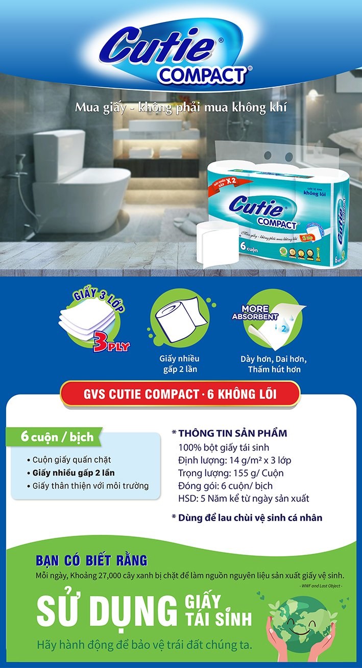 Giấy Vệ Sinh Cutie Compact không lõi 6 cuộn