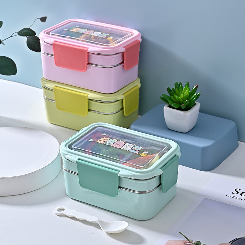 Hộp Cơm Giữ Nhiệt 2 Tầng Inox 2 Lớp Chắn Chắn Tặng kèm muỗng- Hàng Chính Hãng ( Màu ngẫu nhiên)