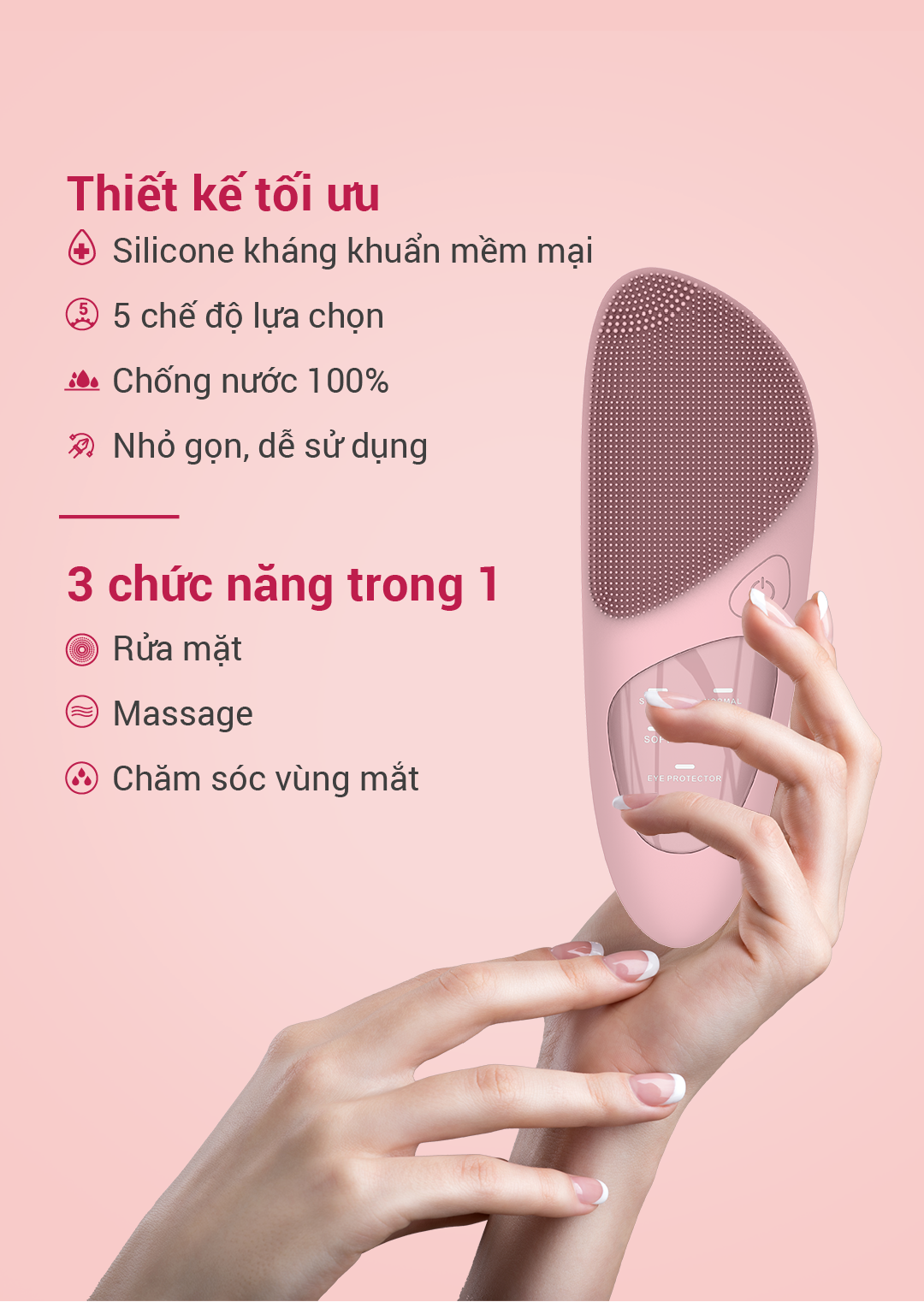 Máy Rửa Mặt Silicone Siêu Mềm Life360 LE-MRM22 với 5 Chế Độ Rửa Mặt Sạch Sâu, Massage và Chườm nóng vùng mắt - Đỏ