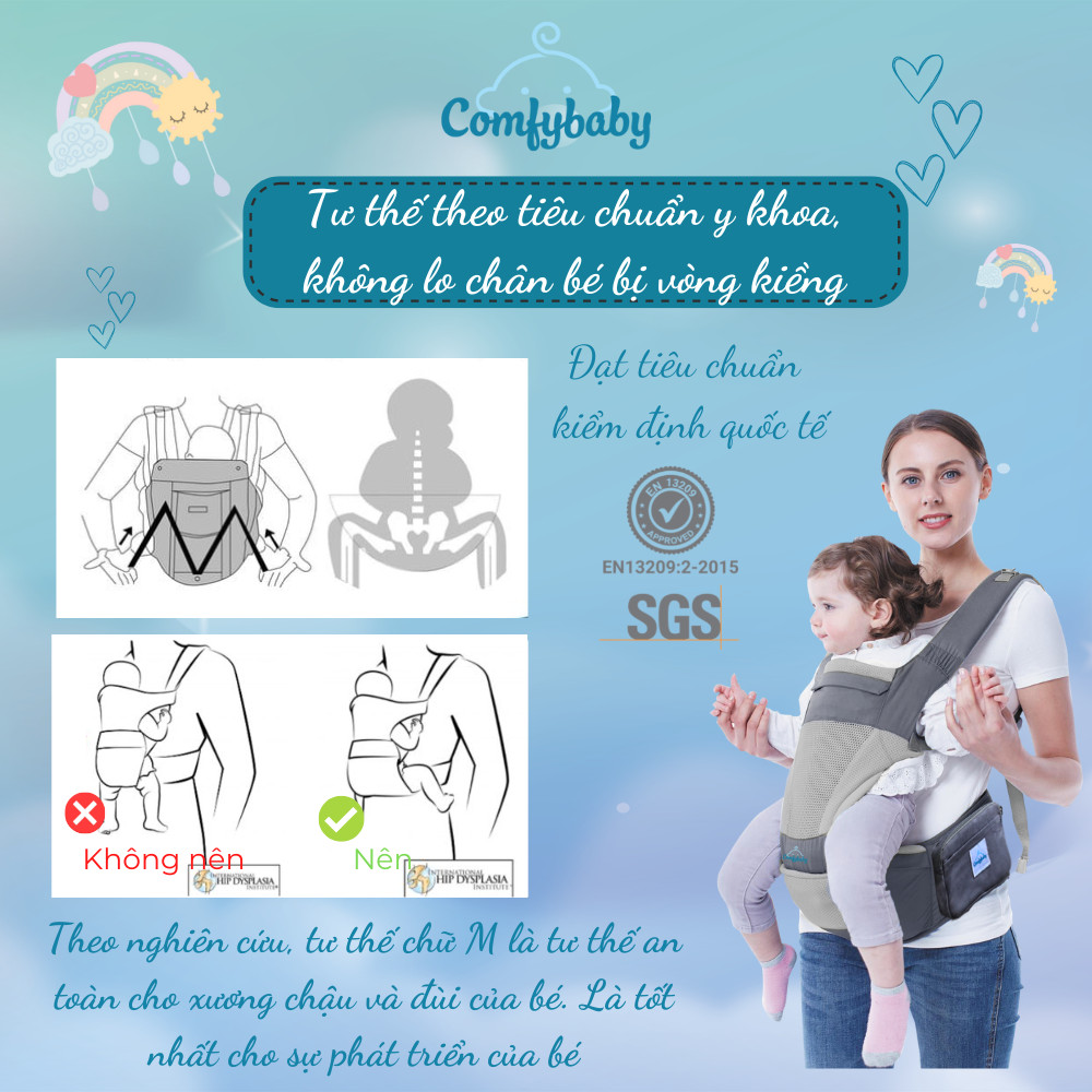 Địu ngồi trẻ em cao cấp siêu mềm 4 tư thế công nghệ Air Mesh thoáng khí - Comfybaby CF818 - tặng yếm tam giác