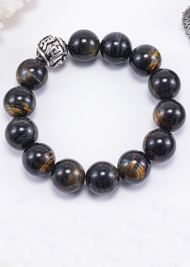 Vòng Tay Phong Thủy Nam Đá Mắt Hổ Xanh Đen Phối Charm Bạc (16mm) Mệnh Thủy, Mộc