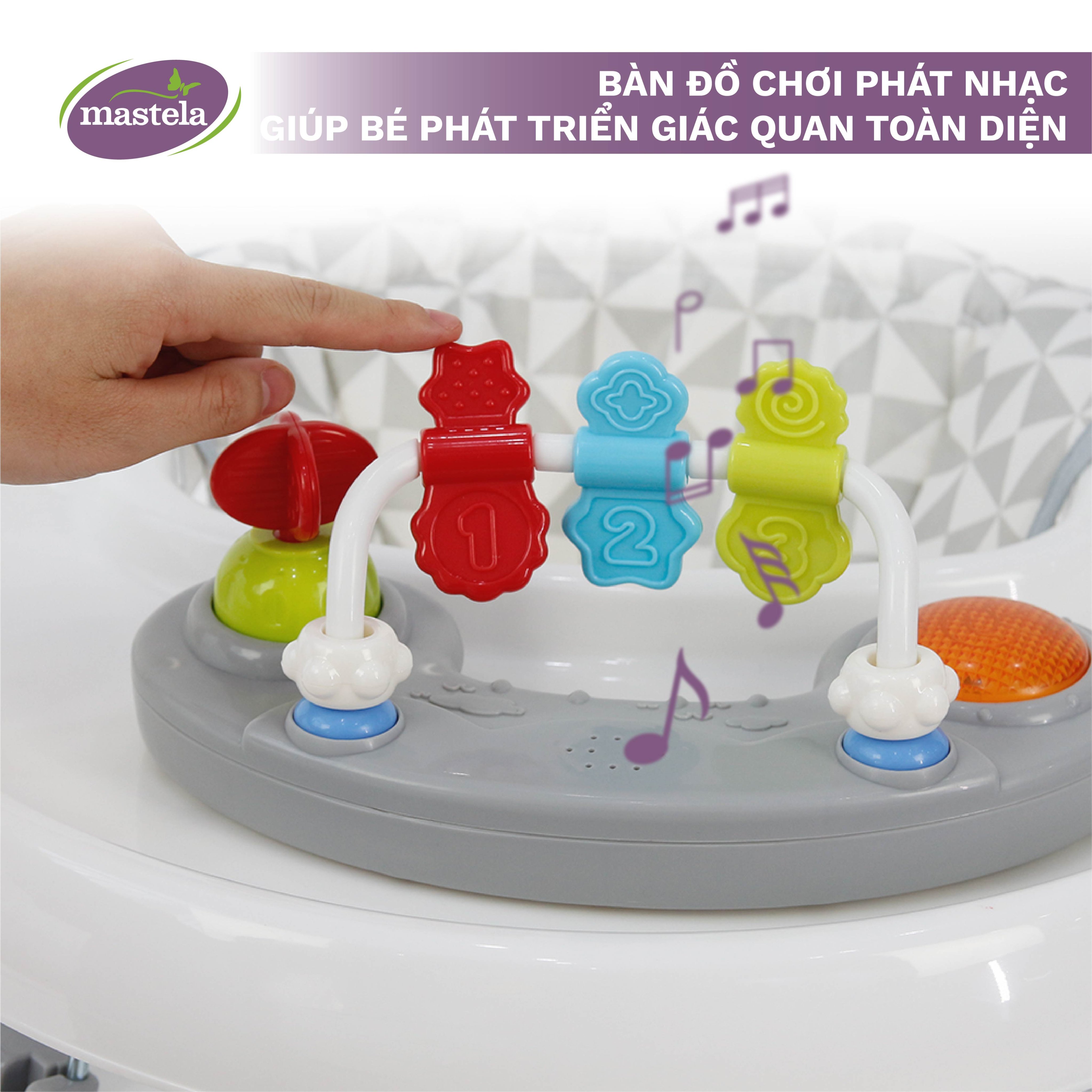 Xe tập đi cho bé có đồ chơi và nhạc Mastela W2002, bánh xe cao su hãm di chuyển theo quán tính siêu nhẹ xoay 360 độ mặt bàn ăn dặm, bánh xe silicon chống ồn - Tiêu chuẩn JIS Nhật Bản