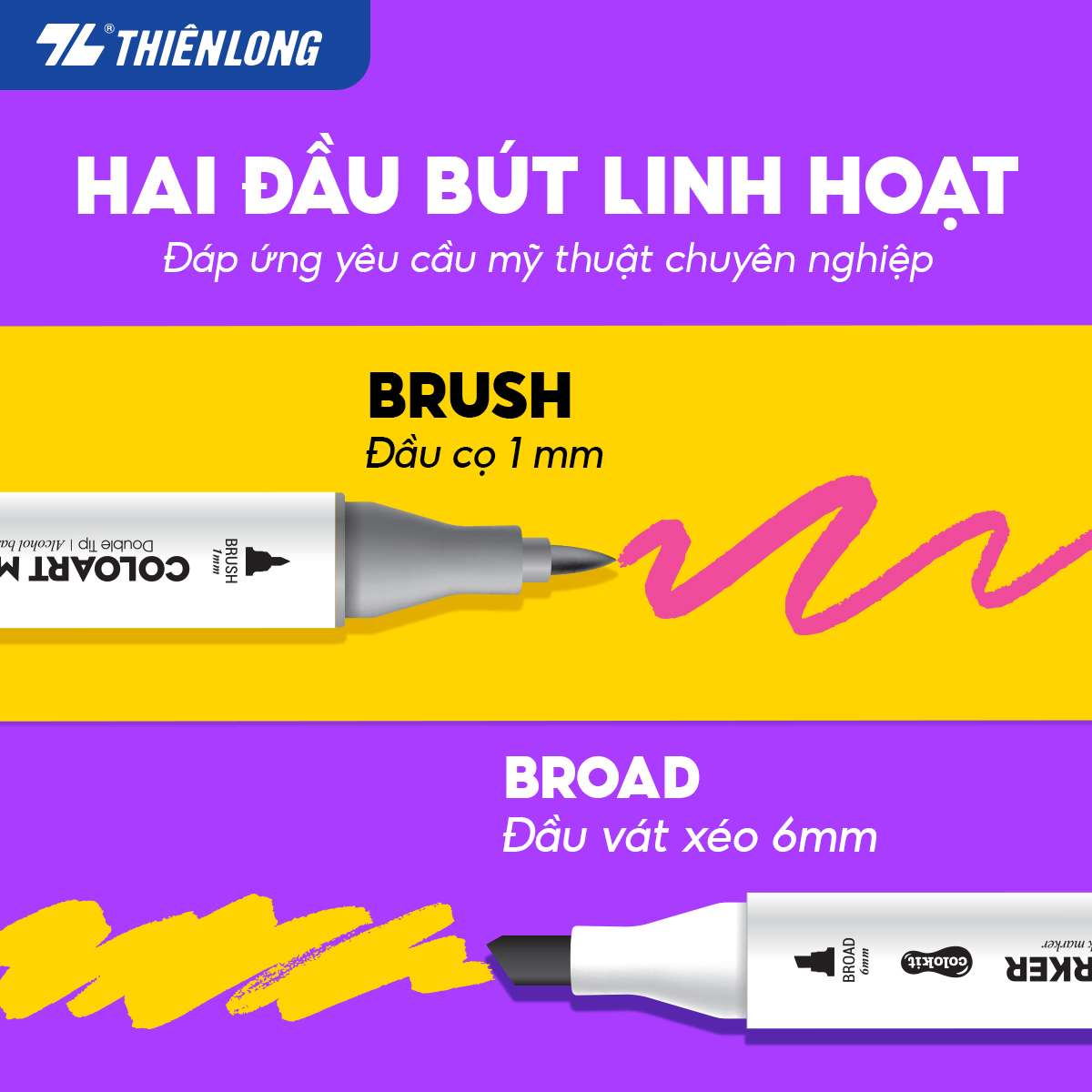 Bút dạ màu 2 đầu Art Marker Thiên Long Colokit - Bút dạ 12/24 màu, mực bền màu, mau khô dùng vẽ tranh, calligraphy