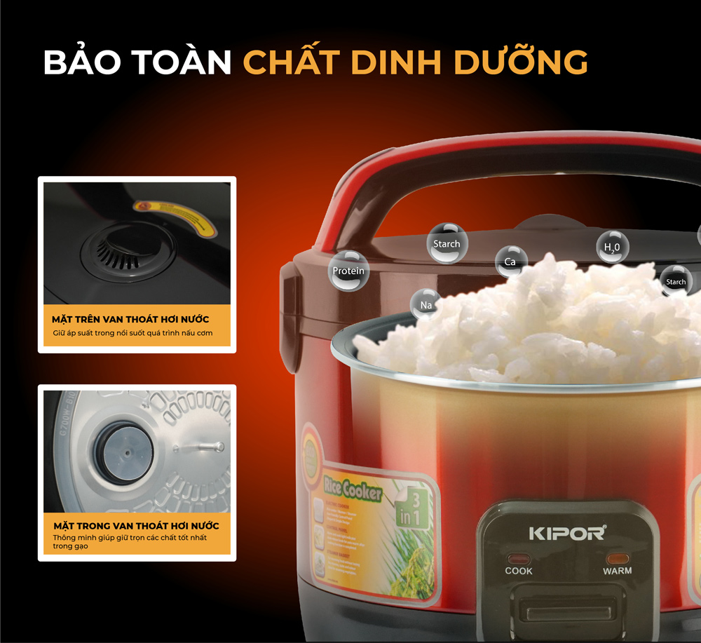 Nồi cơm điện KIPOR KP-N6518 - 1.8L - Nồi cơ dung tích lớn 4-6 người ăn, chống dính TEFLON 3mm 1Kg, màu đỏ/vàng đa năng -Hàng chính hãng- Bảo hành tại nhà 12 tháng