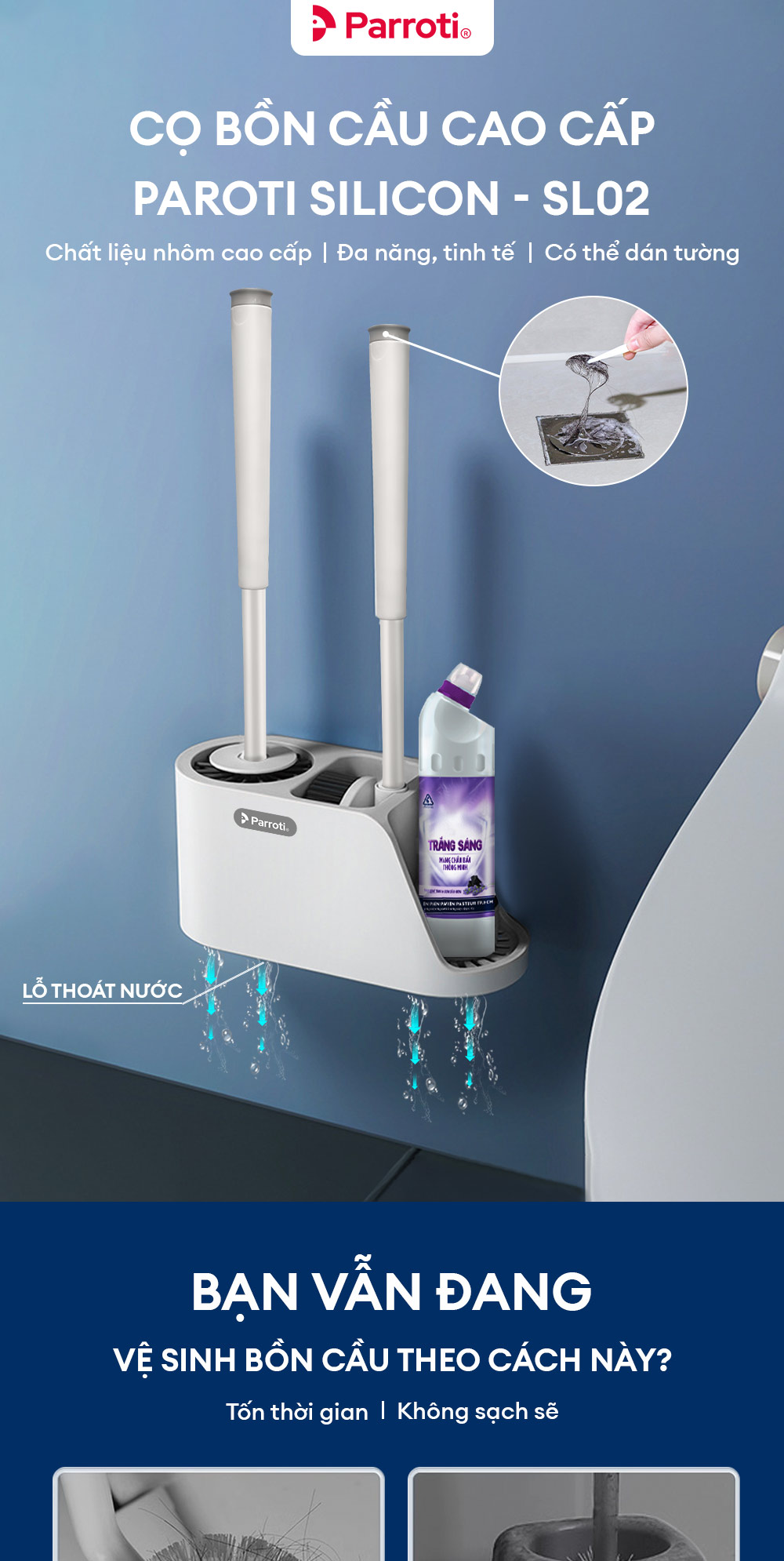 Cọ bồn cầu silicon, cọ toilet nhà vệ sinh 2 trong 1, có thể treo tường và cây gắp tóc Parroti Silicon SL02