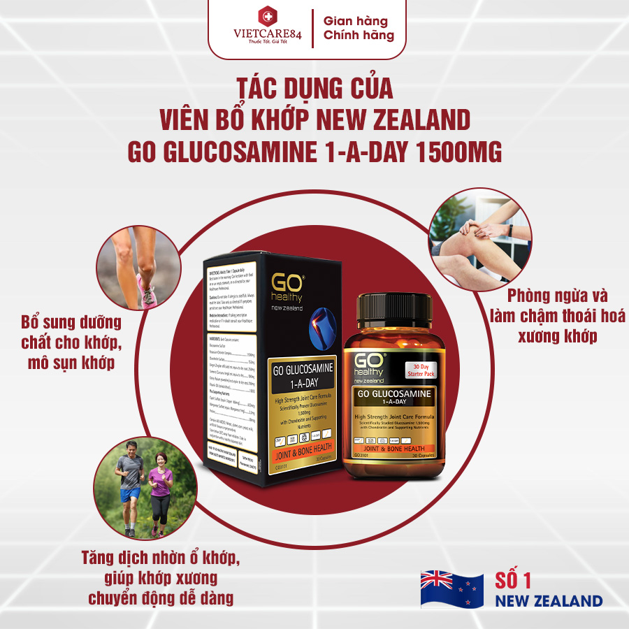Viên uống bổ xương khớp nhập khẩu chính hãng New Zealand GO GLUCOSAMINE 1-A-DAY 1500mg (30 viên) hỗ trợ tăng dịch khớp, giảm tình trạng thoái hóa khớp, khô khớp, cứng khớp; nuôi dưỡng xương sụn khớp khỏe mạnh