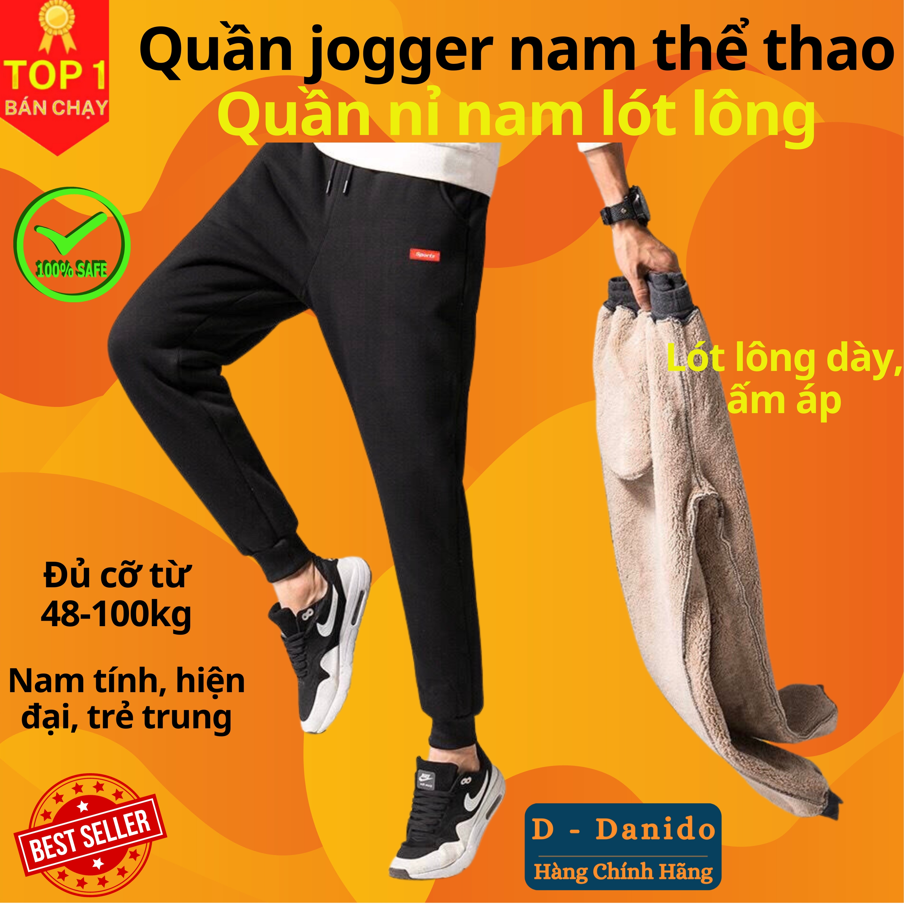 Quần gió lót lông QD2 ấm áp thời trang cho nam, Quần nỉ jogger lót lông QD1 sang trọng và dày dặn D Danido