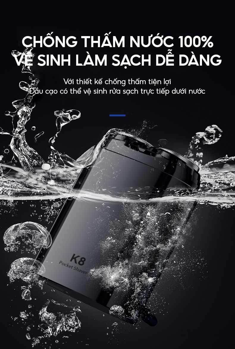 Máy cạo râu Enchen K8 - Đầu cạo 2D chống nước, 18 lưỡi dao tự mài - Hàng chính hãng