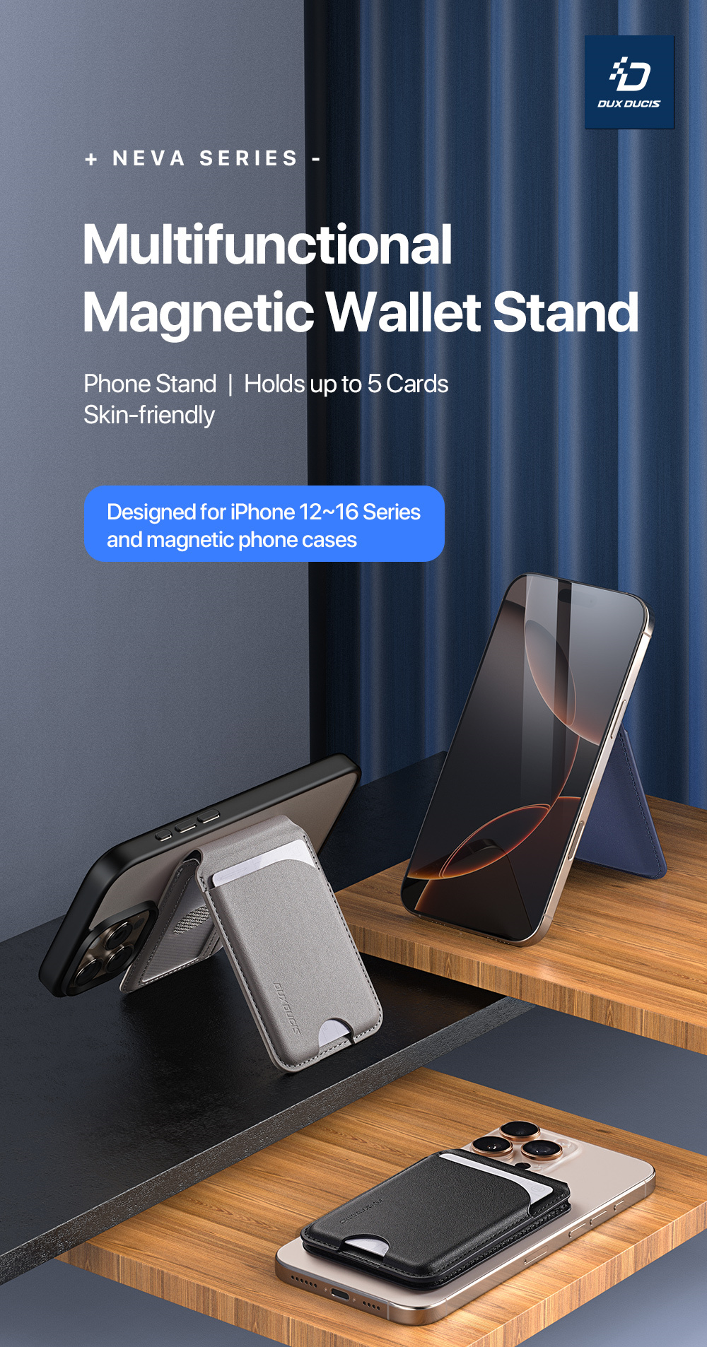 Ví Da Kiêm Giá Đỡ Dux Ducis Neva Magnetic Wallet Stand Cho Iphone, 3 Ngăn Đựng Thẻ, Chống Trộm, Hít Mạnh_ Hàng Chính Hãng