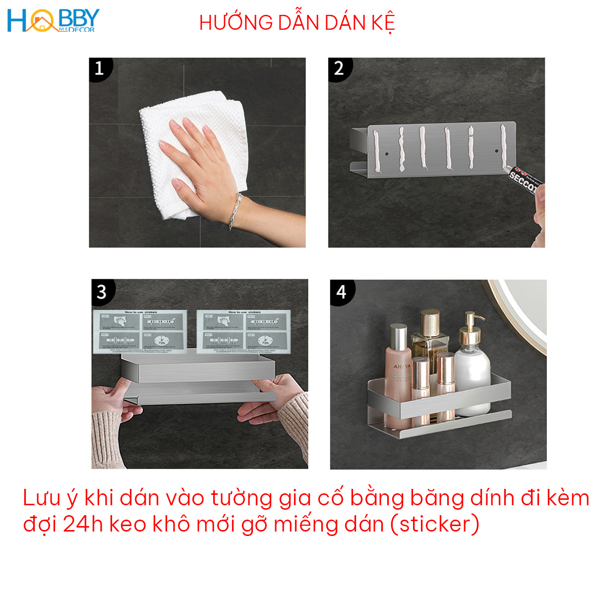 Kệ đựng đồ phòng tắm inox 304 xước dán tường Hobby home decor KCNX có keo dán