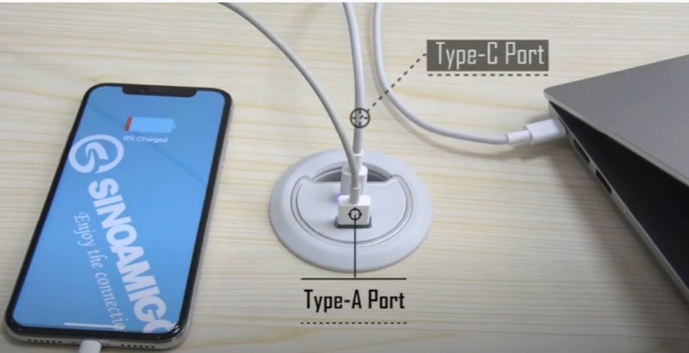 Ổ cắm USB âm bàn sạc nhanh Type C + Type A Sinoamigo STC-1W/C20 dùng cho bàn làm việc và bàn họp văn phòng - Hàng chính hãng