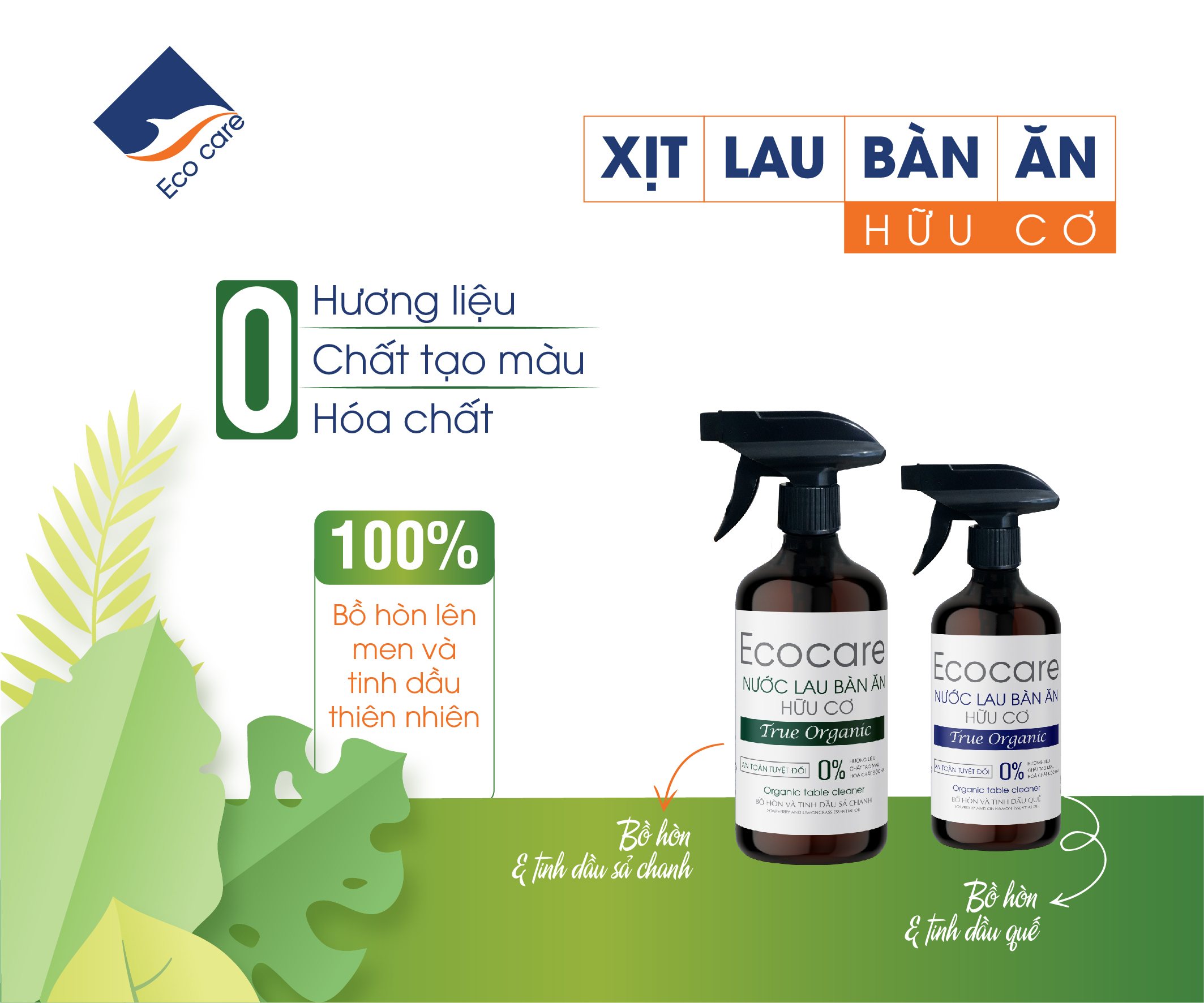 Xịt lau bàn ăn hữu cơ Bồ hòn tinh dầu Sả Chanh dung tích 500ml thương hiệu Ecocare