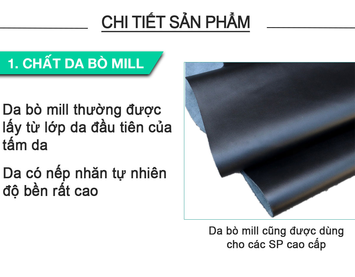 Ví dài cầm tay da bò Mill cao cấp Bụi Leather C104 - Bảo hành 12 tháng