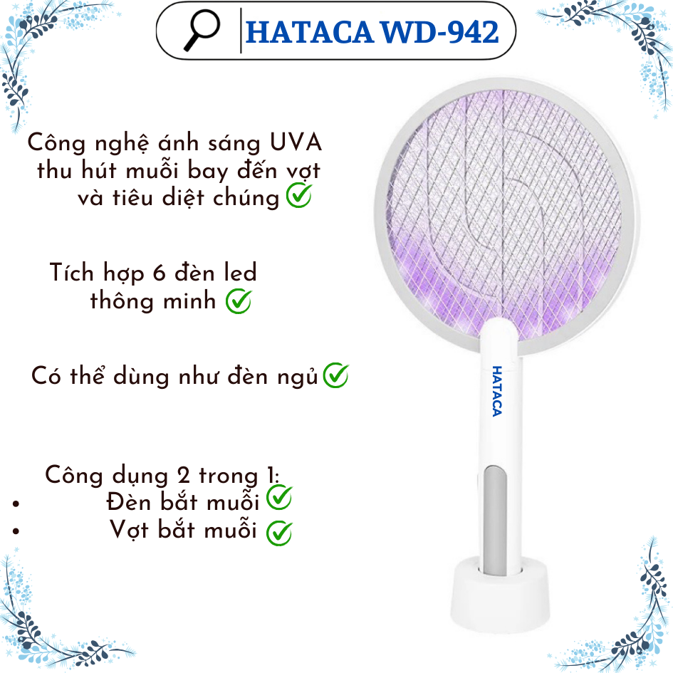 Vợt muỗi kiêm đèn bắt muỗi 2 trong 1 Hataca ( Hàng chính hãng)