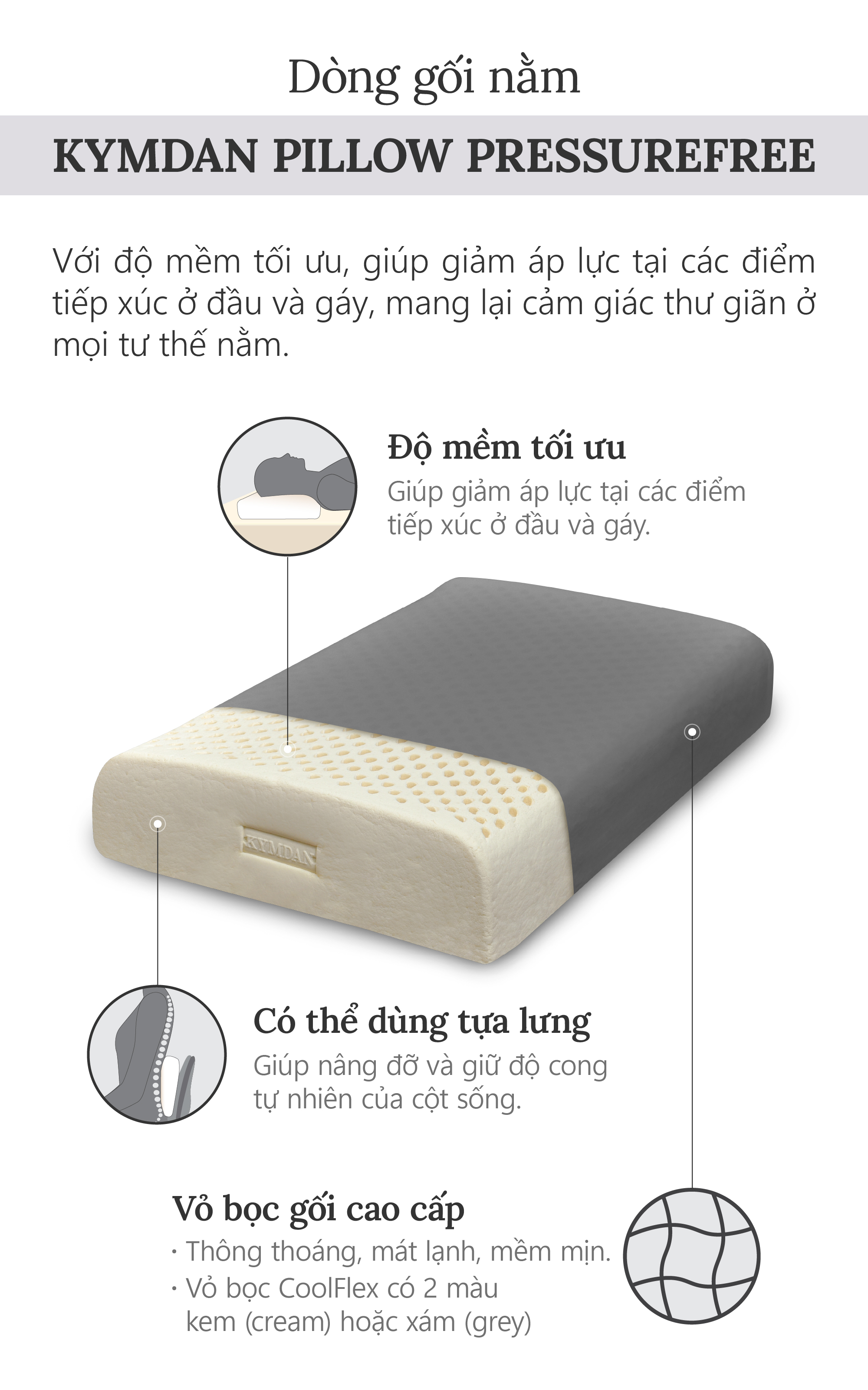 Gối cao su thiên nhiên Kymdan Pillow PressureFree Air 60 x 38 x 8 cm
