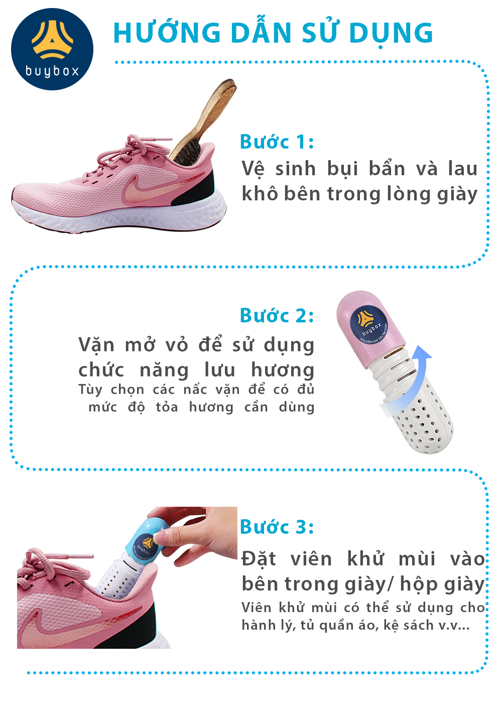 hướng dẫn sử dụng viên khử mùi hôi giày và ngăn ngừa vi khuẩn gây ẩm mốc - buybox - BBPK64