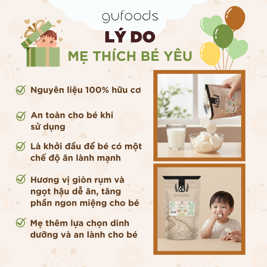 Bánh snack ăn dặm hữu cơ cho bé GUfoods - Thành phần gạo organic, Không gia vị, Dễ Tiêu hoá, Phù hợp cho bé từ 1 tuổi