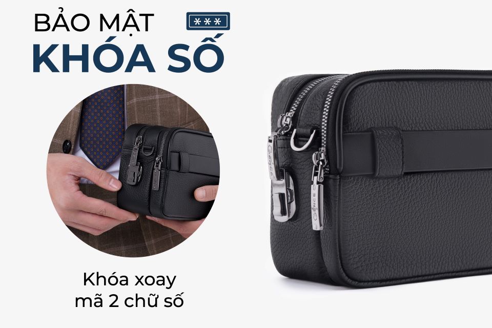 Clutch Đeo Chéo Ví Nam Cầm Tay GENCE RB08 Da Bò Khóa Vân Tay Cao Cấp Màu Đen