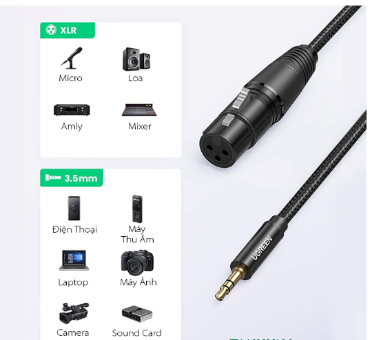 Cáp âm thanh 1M Màu đen 3.5 sang Xlr Ugreen A182T20763AV - Hàng chính hãng