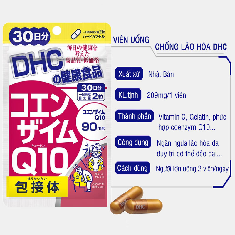 Viên uống chống lão hóa da DHC Nhật Bản Coenzyme Q10 thực phẩm chức năng bổ sung vitamin C làm đẹp da, hỗ trợ não bộ JN-DHC-COE 2