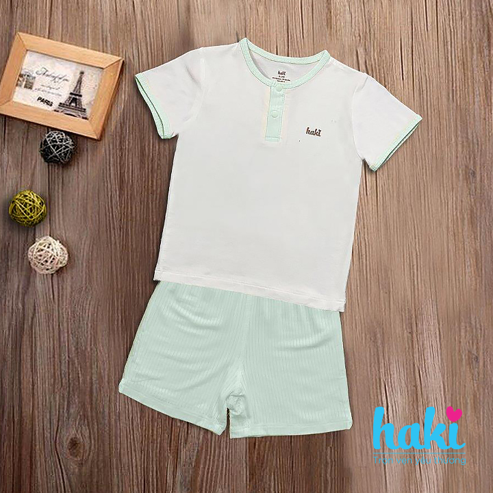 Bộ quần áo sơ sinh cho bé vải sợi tre siêu mềm mịn cao cấp - Bộ quần áo cộc tay cổ trụ phối màu, bộ cộc tay bé gái -  bộ cộc tay bé trai, đồ sơ sinh cho bé từ 3 tháng đến 3 tuổi (4kg - 15kg)  Haki BB022Bộ quần áo cộc tay cổ trụ phối màu vải sợi tre cao cấ