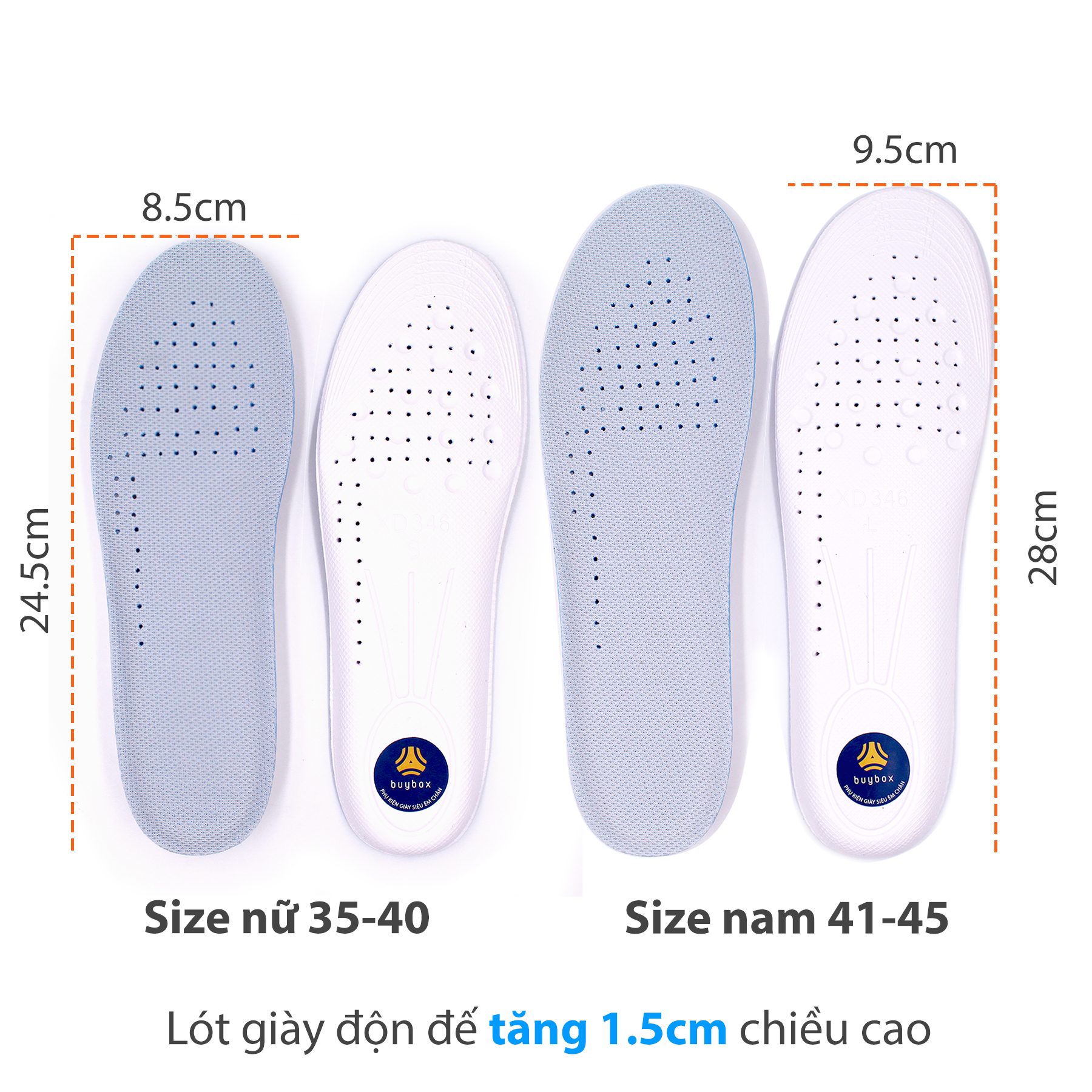 Lót giày độn đế tăng chiều cao buybox tăng 1.5cm, 2.5cm, 3.5cm