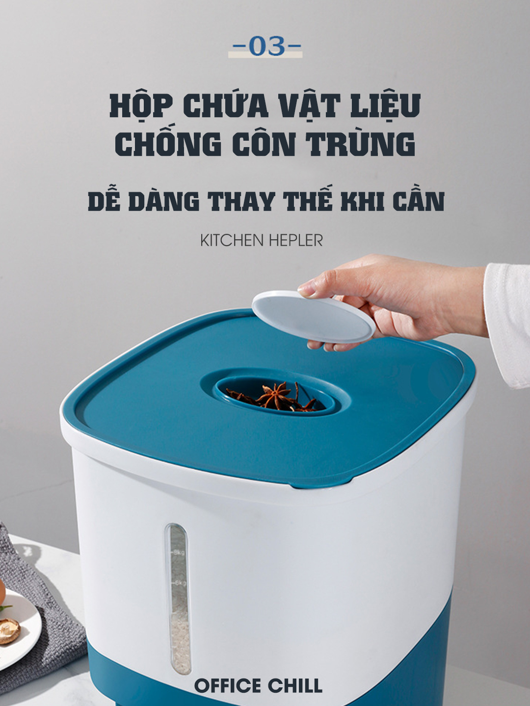 Thùng Gạo Thông Minh Tự Động 10Kg OFFICE CHILL, Thùng Đựng Gạo, Thực Phẩm Vật Liệu Nhựa An Toàn Cho Sức Khỏe Bảo Hành 1 Năm