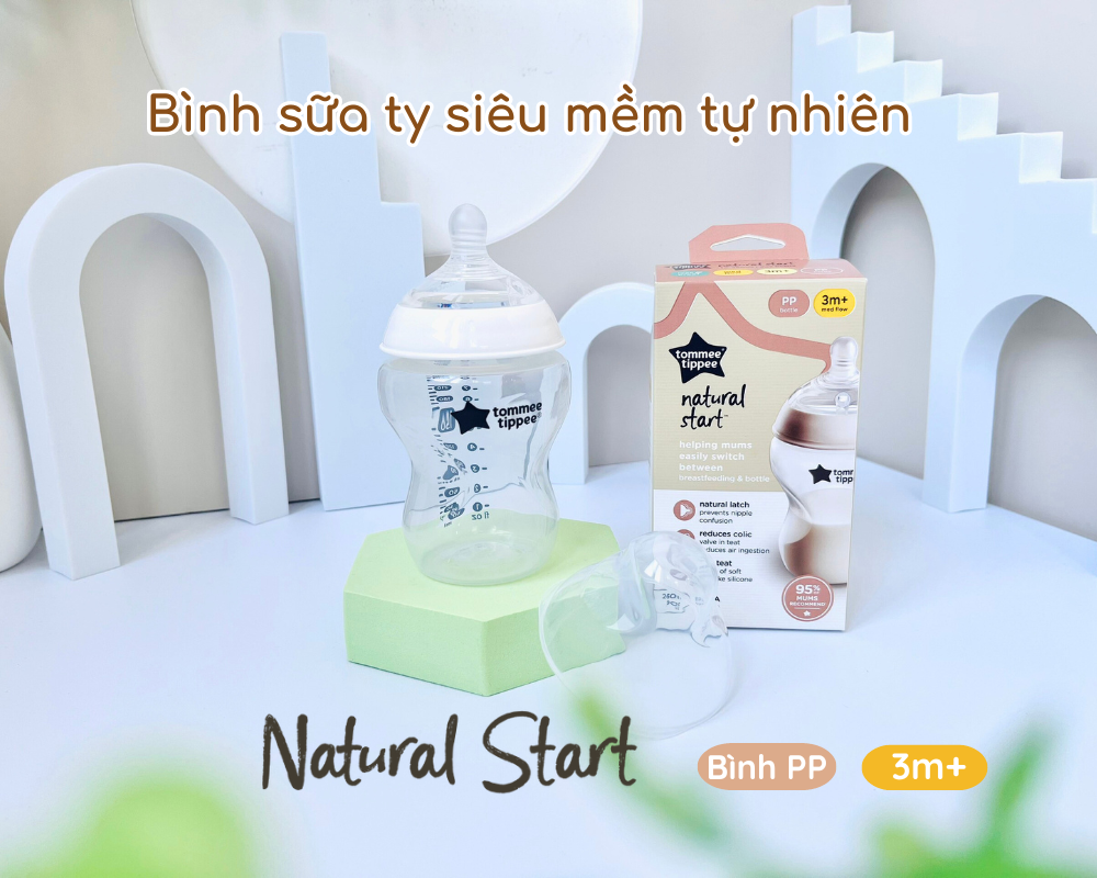 Combo Bình Sữa Tommee Tippee Natural Start Ty Siêu Mềm Tự Nhiên 260ml & Núm Ty Silicon Thay Thế 6M+
