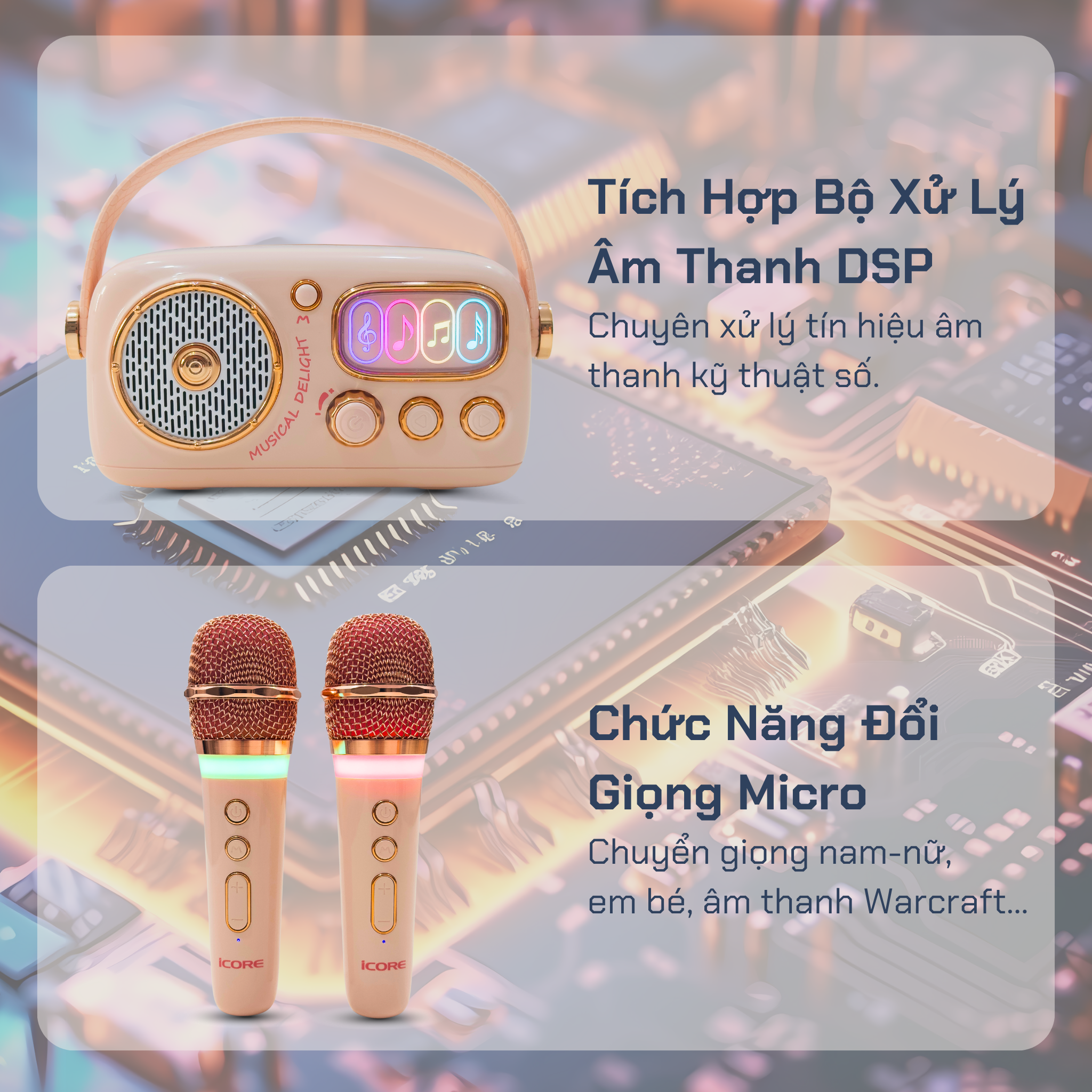 Bộ Loa Karaoke Mini Cổ Điển Bluetooth iCore VSM99 Kèm 02 Micro - Hàng chính hãng 