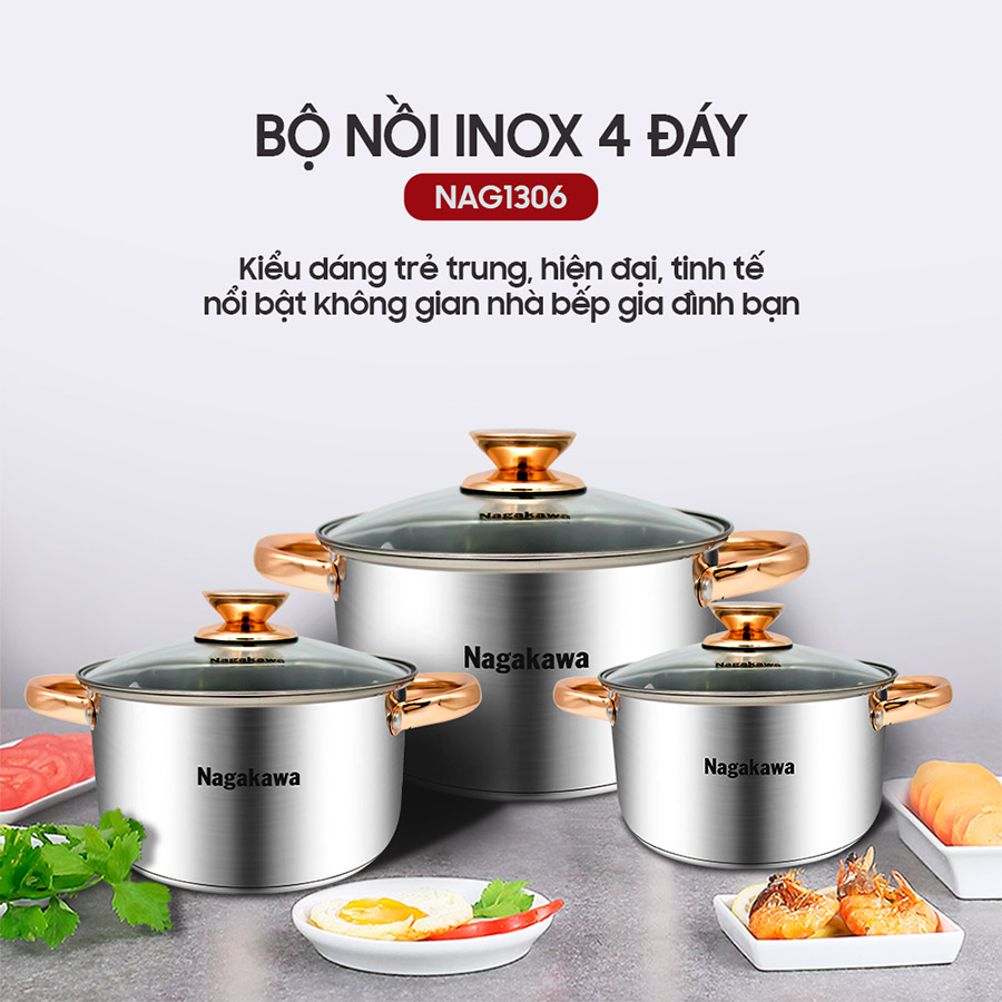 Bộ 3 nồi inox 4 đáy Nagakawa NAG1306 (16cm, 20cm, 24cm) - Quai mạ vàng - Dùng trên mọi loại bếp - Hàng Chính Hãng