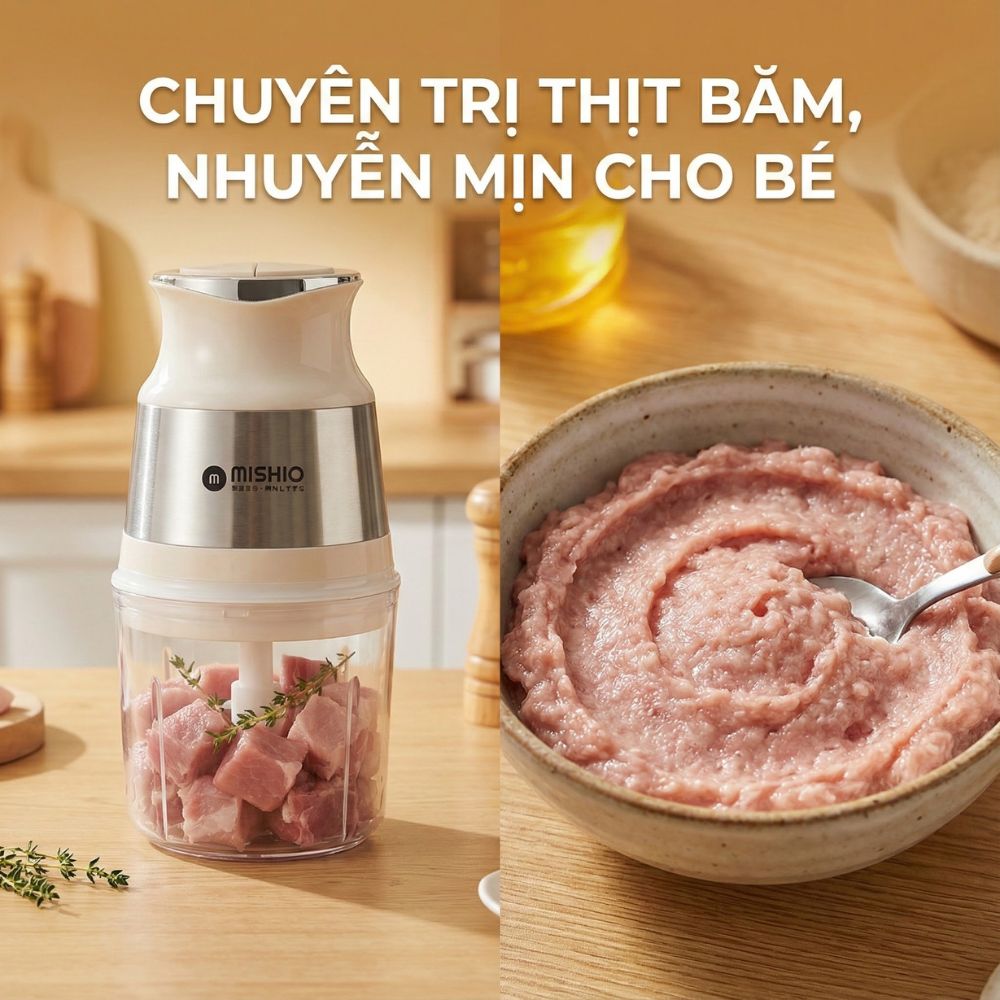 Máy Xay Mini Mishio MK389 - Dung Tích 0.8L, Xay Đồ Ăn Dặm, Gia Vị, Đồ Khô, Công Suất 250W Mạnh Mẽ - Hàng chính hãng