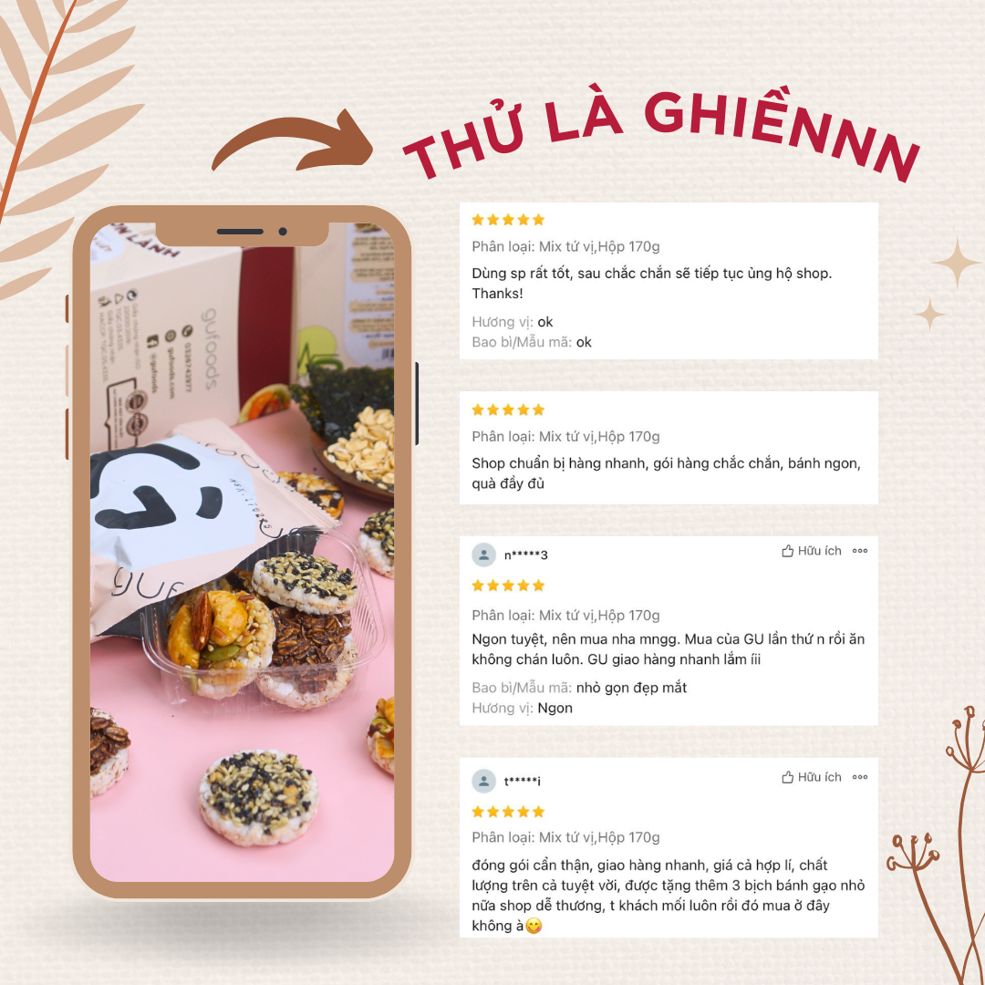 Snack gạo lứt ngũ cốc nguyên hạt GUfoods - Không đường, Không chiên dầu, Không gluten, Thanh đạm, Lành mạnh, Phù hợp Eat clean, Ăn vặt healthy, Tiện lợi, Thuần chay