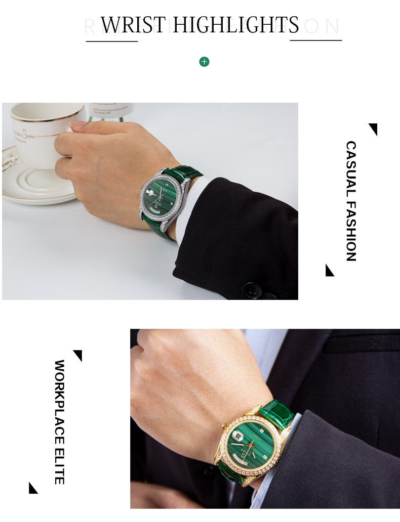 【START】Đồng hồ nam đá khổng tước tự nhiên（Malachite）đồng hồ kim cương chức năng hiển thị thứ ngày  đồng hồ cơ tự động dây da cá sấu Khóa bướm