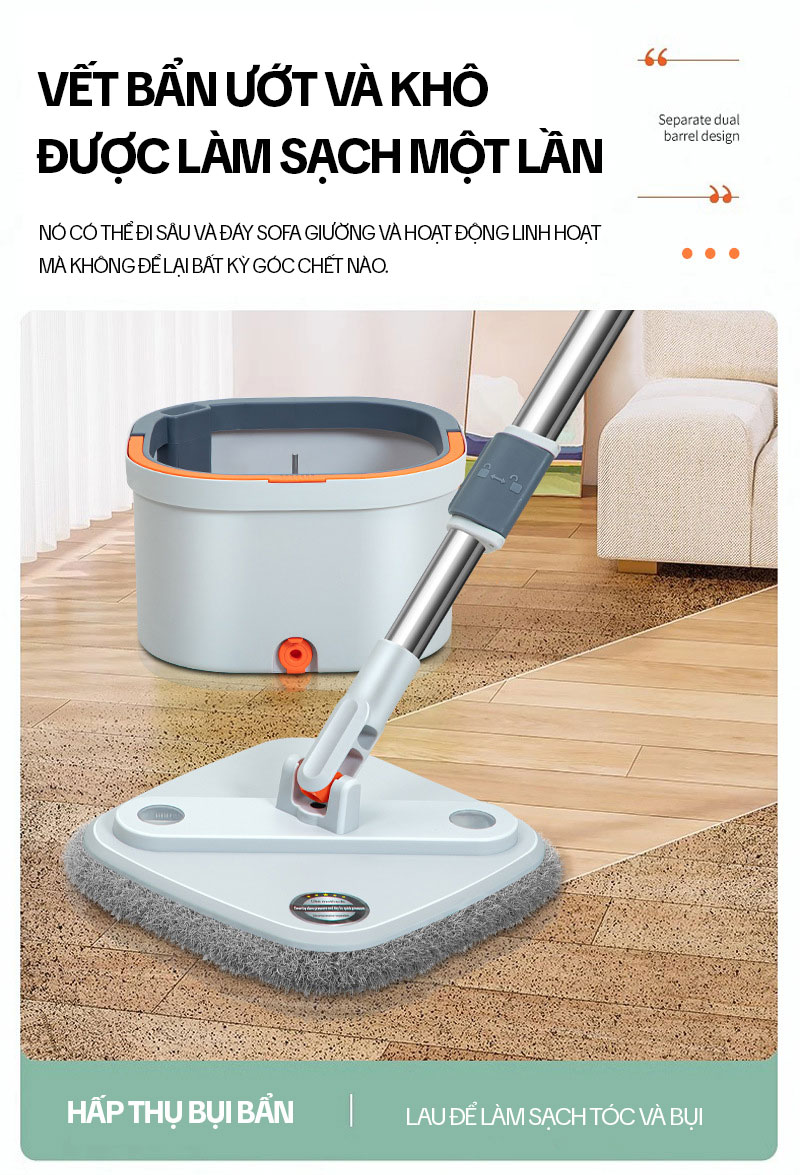 Bộ Cây Lau Nhà Tách Nước Bẩn KITIMOP N08 PRO, Thùng Lau Nhà Tự Vắt Thông Minh, Chổi Lau Nhà 360 Độ, Lau Sàn Làm Sạch