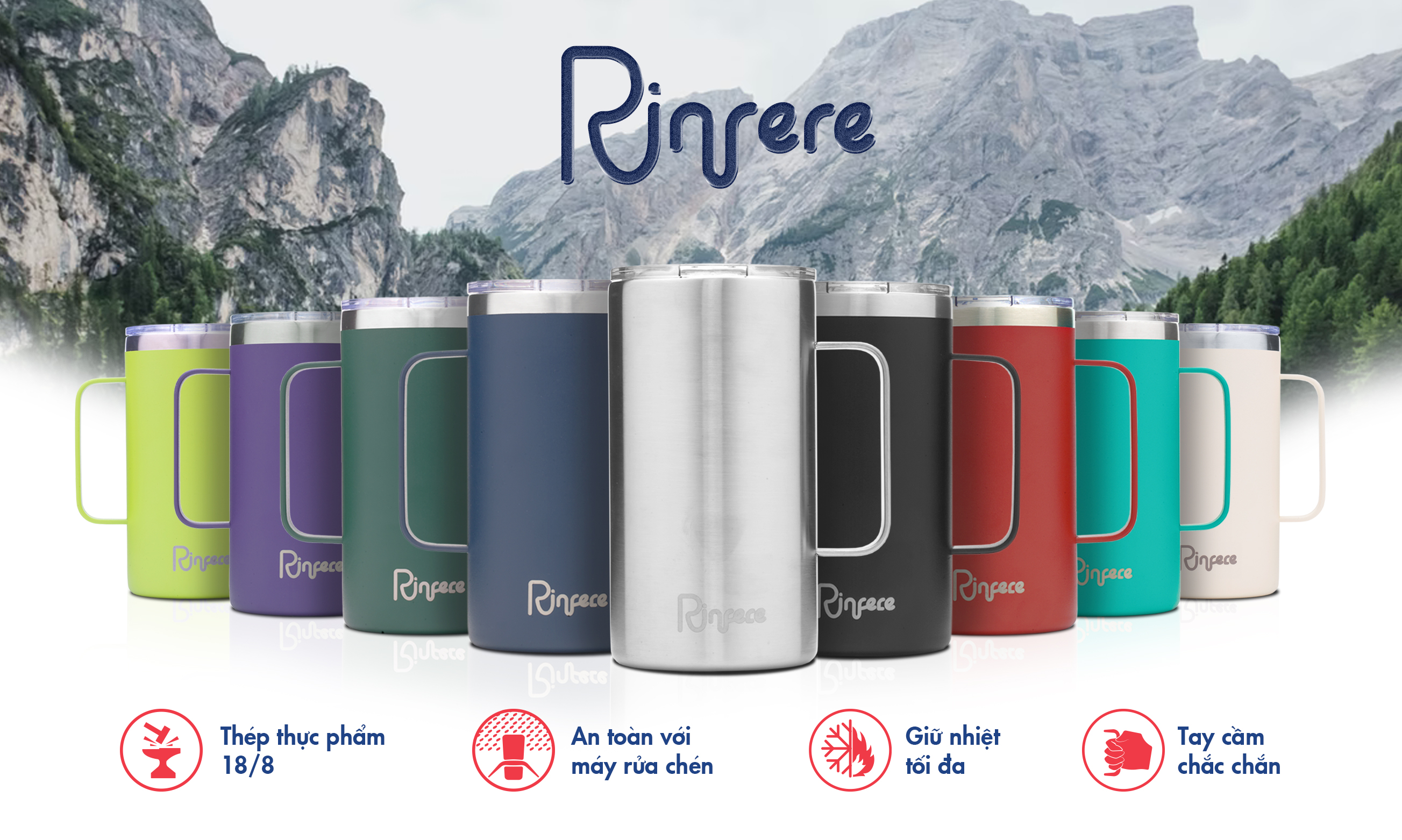 Ly Giữ Nhiệt Có Tay Cầm Nắp Trượt Chống Tràn Rinfere (710ml) - Tặng Kèm Ống Hút Không Gỉ, Dụng Cụ Vệ Sinh Ông Hút
