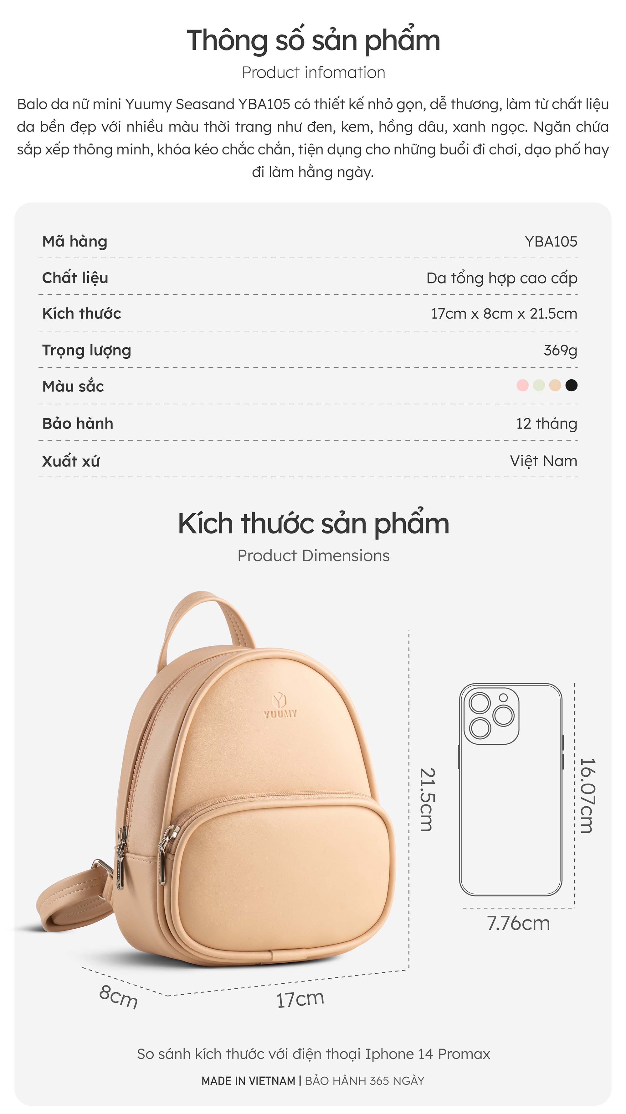 Balo Yuumy ( Thời trang nữ phong cách dễ thương - Balo da Seasand YBA105 )