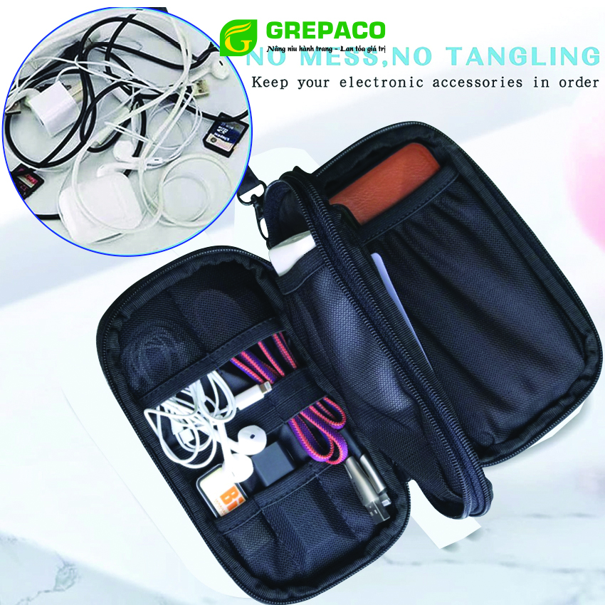 Túi Đựng Phụ Kiện Công Nghệ Grepaco, Pin Sạc Dự Phòng, Điện Thoại, Cáp Sạc USB, Tai Nghe Vải Bố Canvas, Nhiều Ngăn, Có Quai Cầm, Chống Nước, Khóa Kéo YKK Dành Cho Nam Nữ Đi Học, Làm, Du Lịch - Hàng Chính Hãng