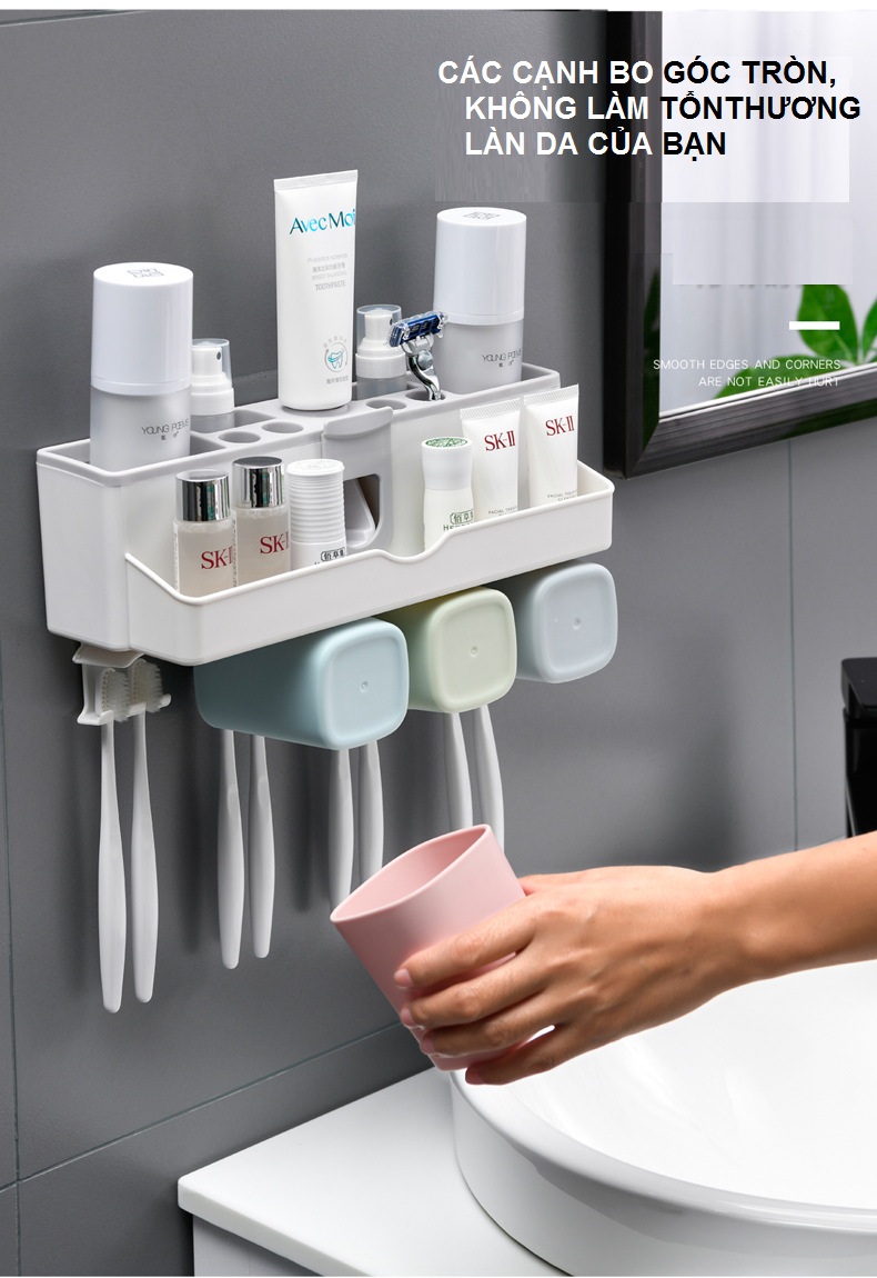 Giá Treo Bàn Chải Đánh Răng, Lấy Kem Đánh Răng Tự Động, Lưu Trữ Vật Dụng Ngăn Nắp - Tặng Kèm 4 Cốc Và Miếng Dán Tường - Chính Hãng